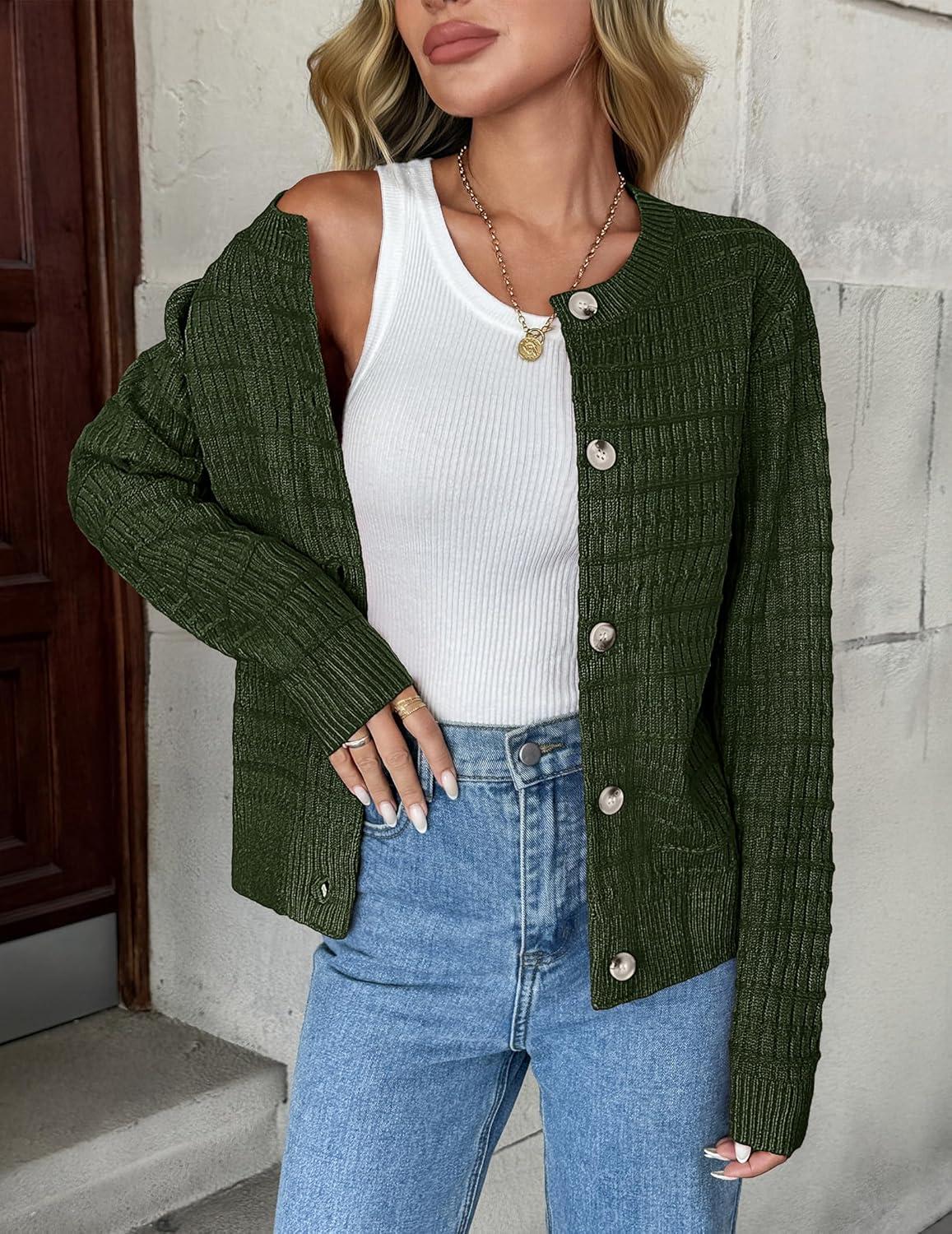 imageZeagoo Womens 2026 Cardigan Sweaters Button Down Crew Neck Open Front Long Sleeve Knit Cropped JacketsArmy Green