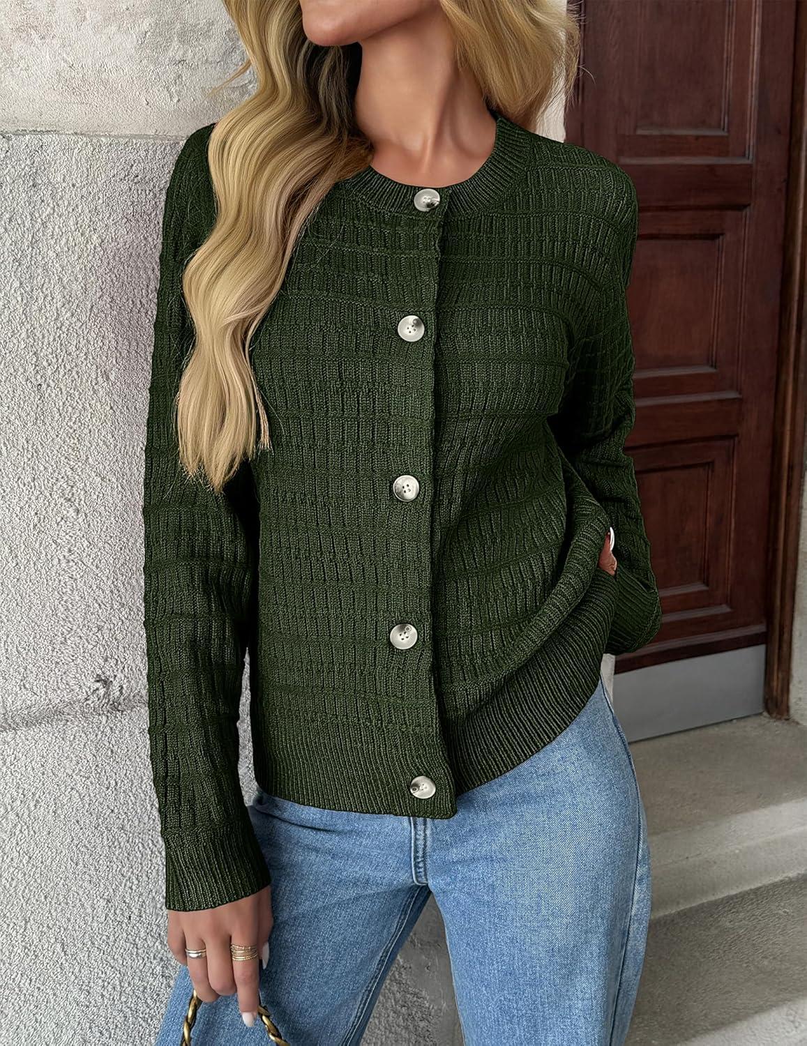 imageZeagoo Womens 2026 Cardigan Sweaters Button Down Crew Neck Open Front Long Sleeve Knit Cropped JacketsArmy Green