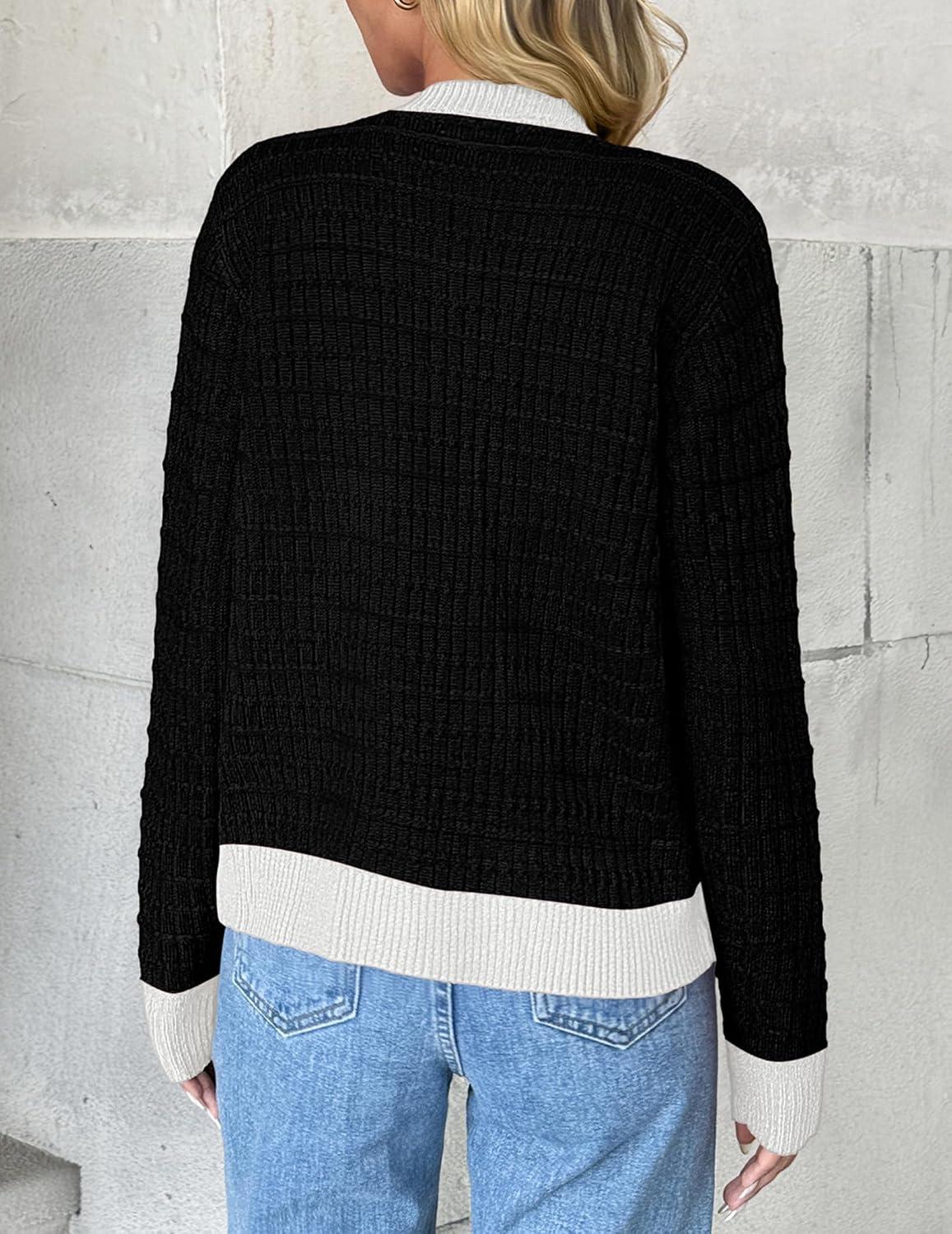 imageZeagoo Womens 2026 Cardigan Sweaters Button Down Crew Neck Open Front Long Sleeve Knit Cropped JacketsColor Block Black