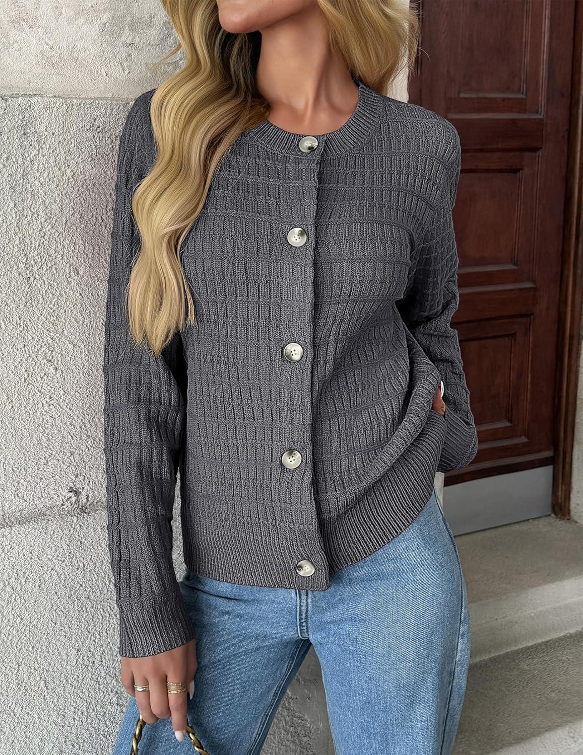 imageZeagoo Womens 2026 Cardigan Sweaters Button Down Crew Neck Open Front Long Sleeve Knit Cropped JacketsGrey