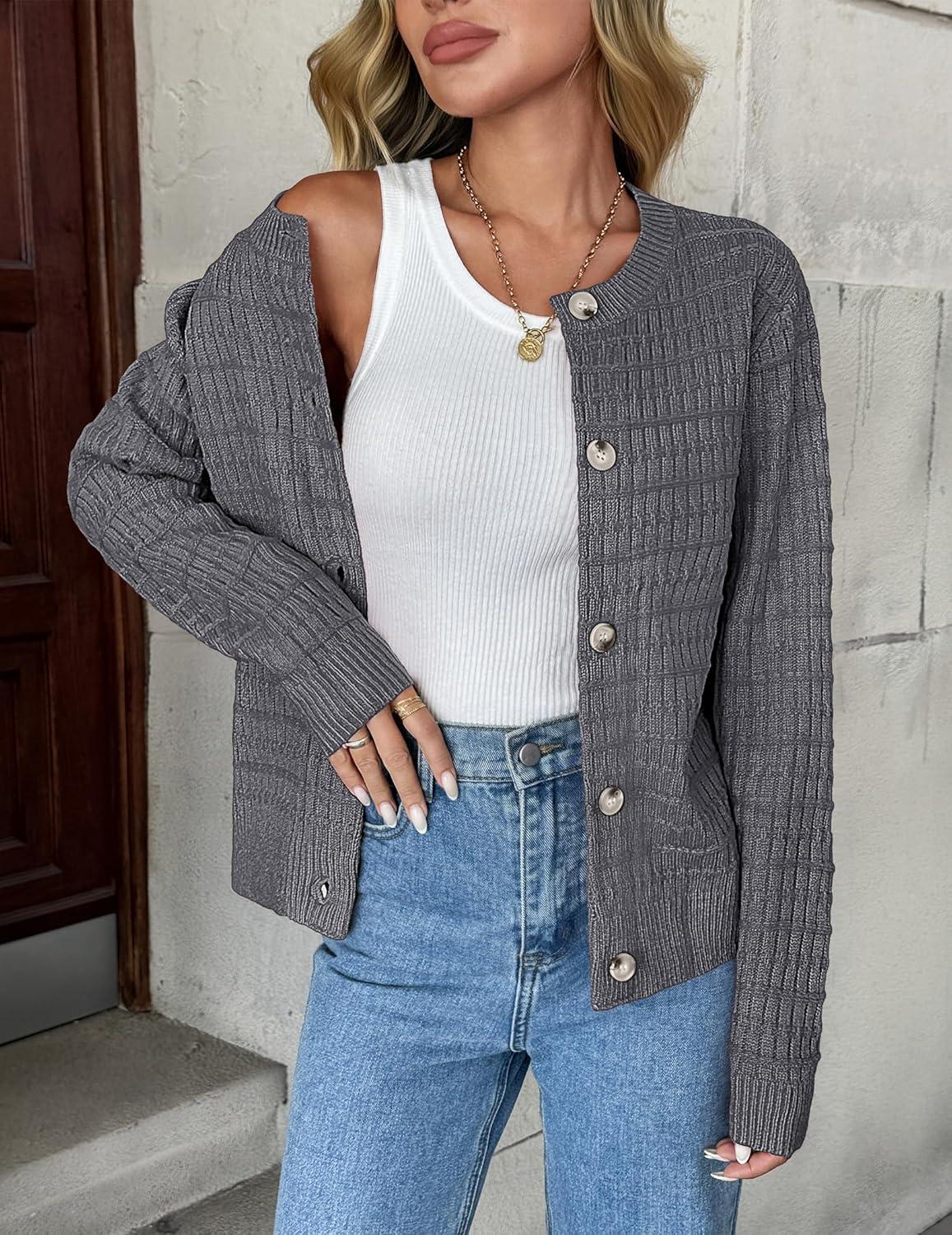imageZeagoo Womens 2026 Cardigan Sweaters Button Down Crew Neck Open Front Long Sleeve Knit Cropped JacketsGrey
