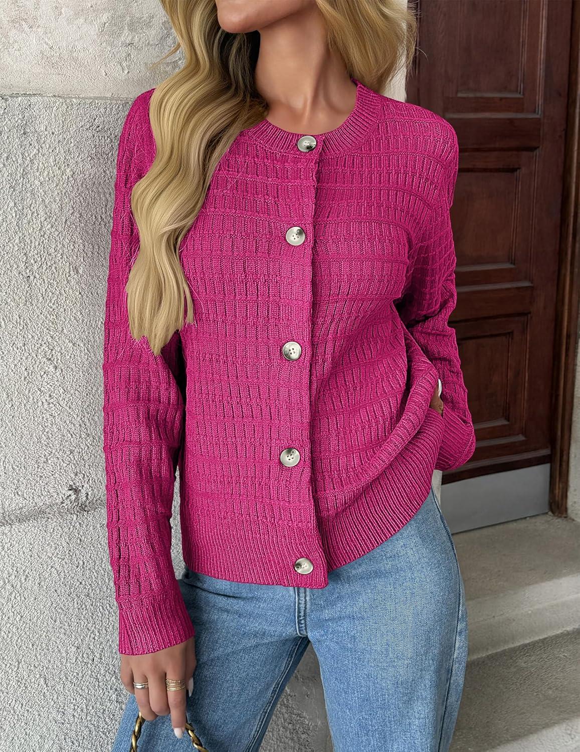 imageZeagoo Womens 2026 Cardigan Sweaters Button Down Crew Neck Open Front Long Sleeve Knit Cropped JacketsHot Pink