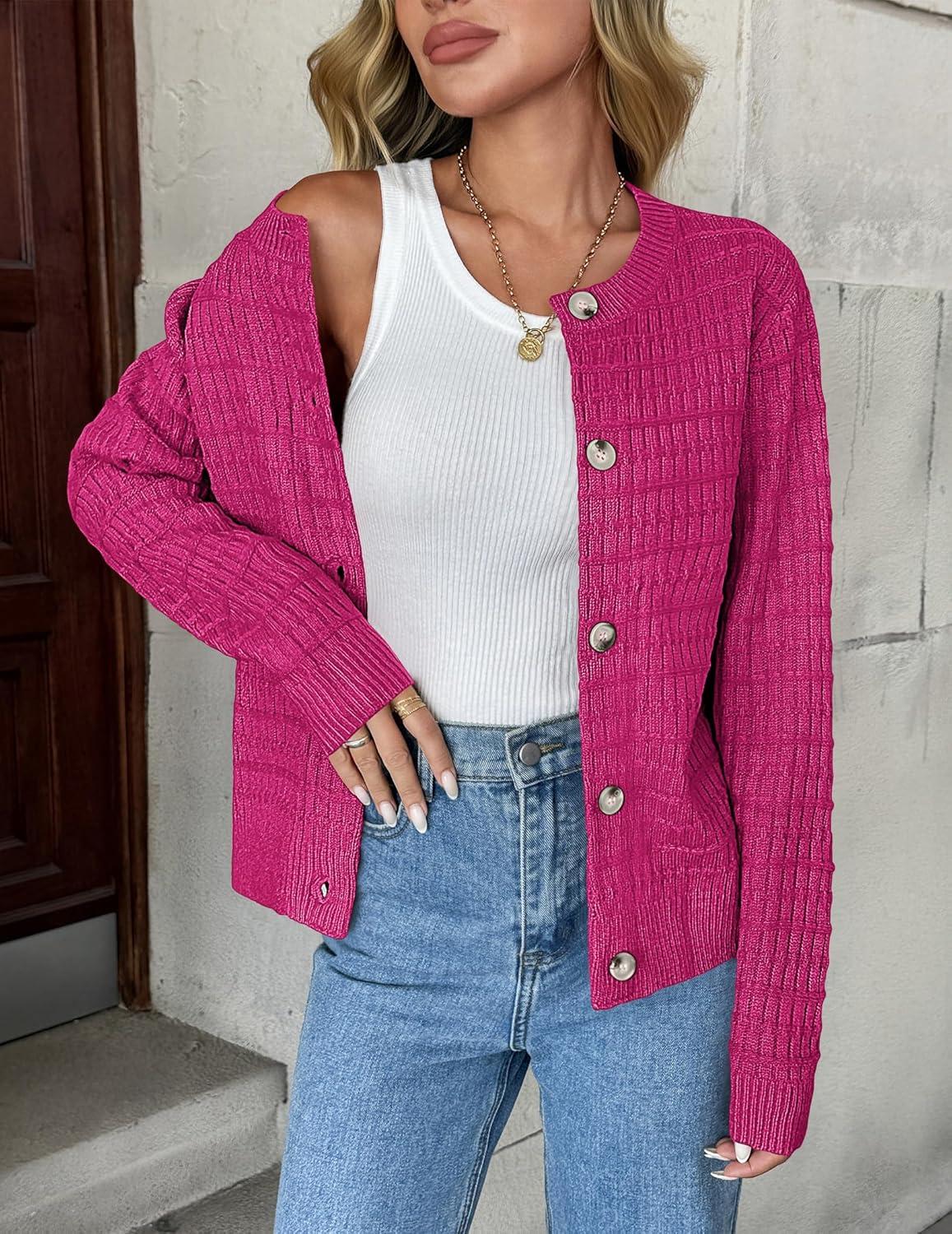 imageZeagoo Womens 2026 Cardigan Sweaters Button Down Crew Neck Open Front Long Sleeve Knit Cropped JacketsHot Pink
