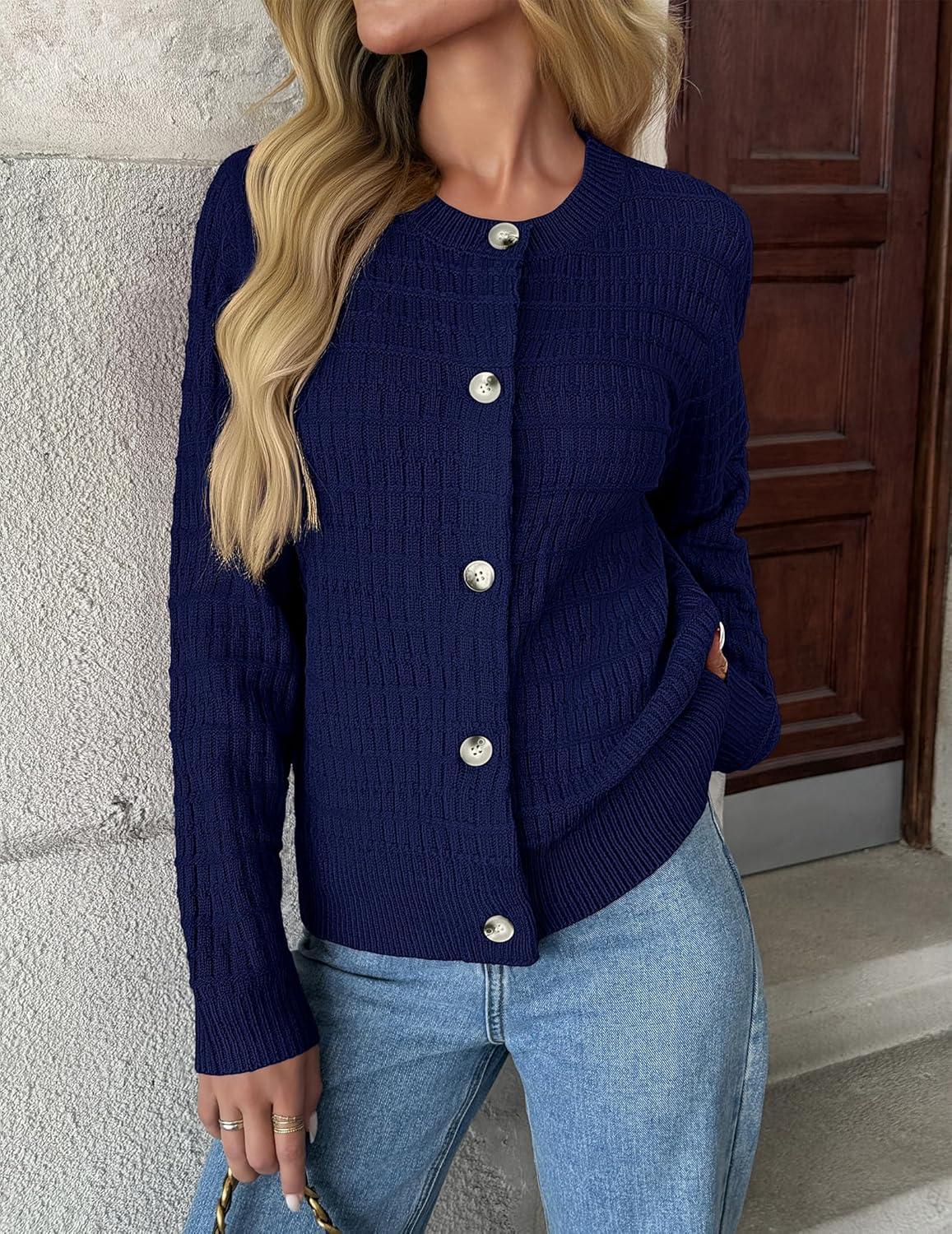 imageZeagoo Womens 2026 Cardigan Sweaters Button Down Crew Neck Open Front Long Sleeve Knit Cropped JacketsZdark Blue