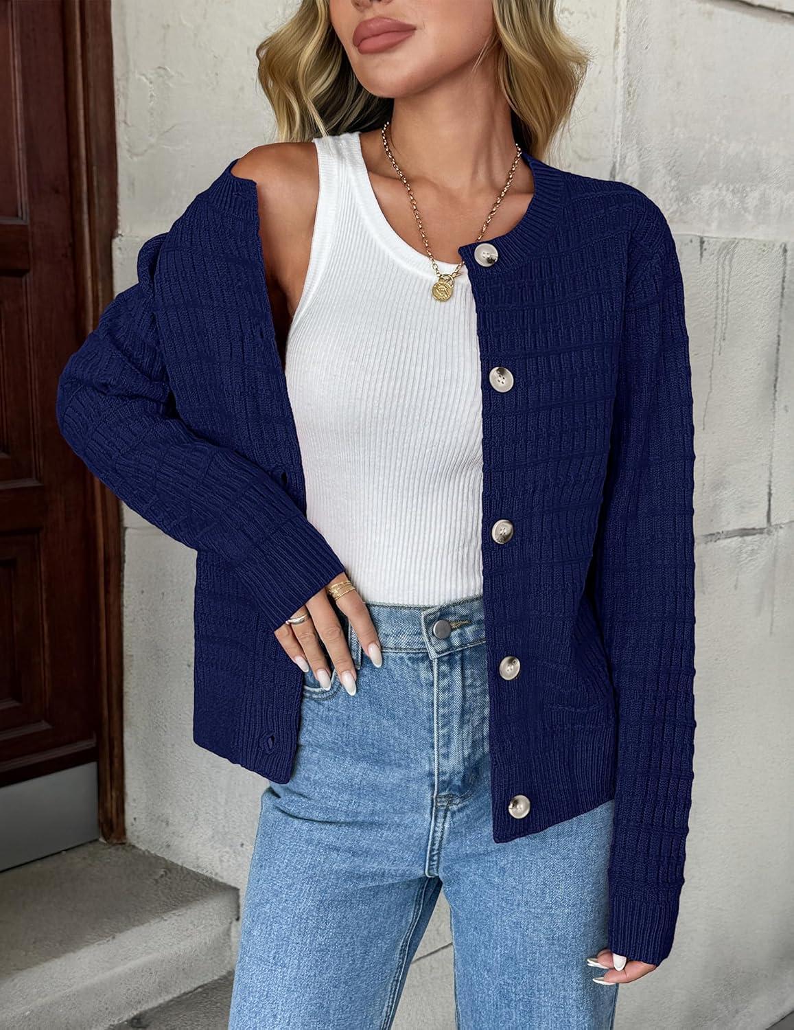 imageZeagoo Womens 2026 Cardigan Sweaters Button Down Crew Neck Open Front Long Sleeve Knit Cropped JacketsZdark Blue