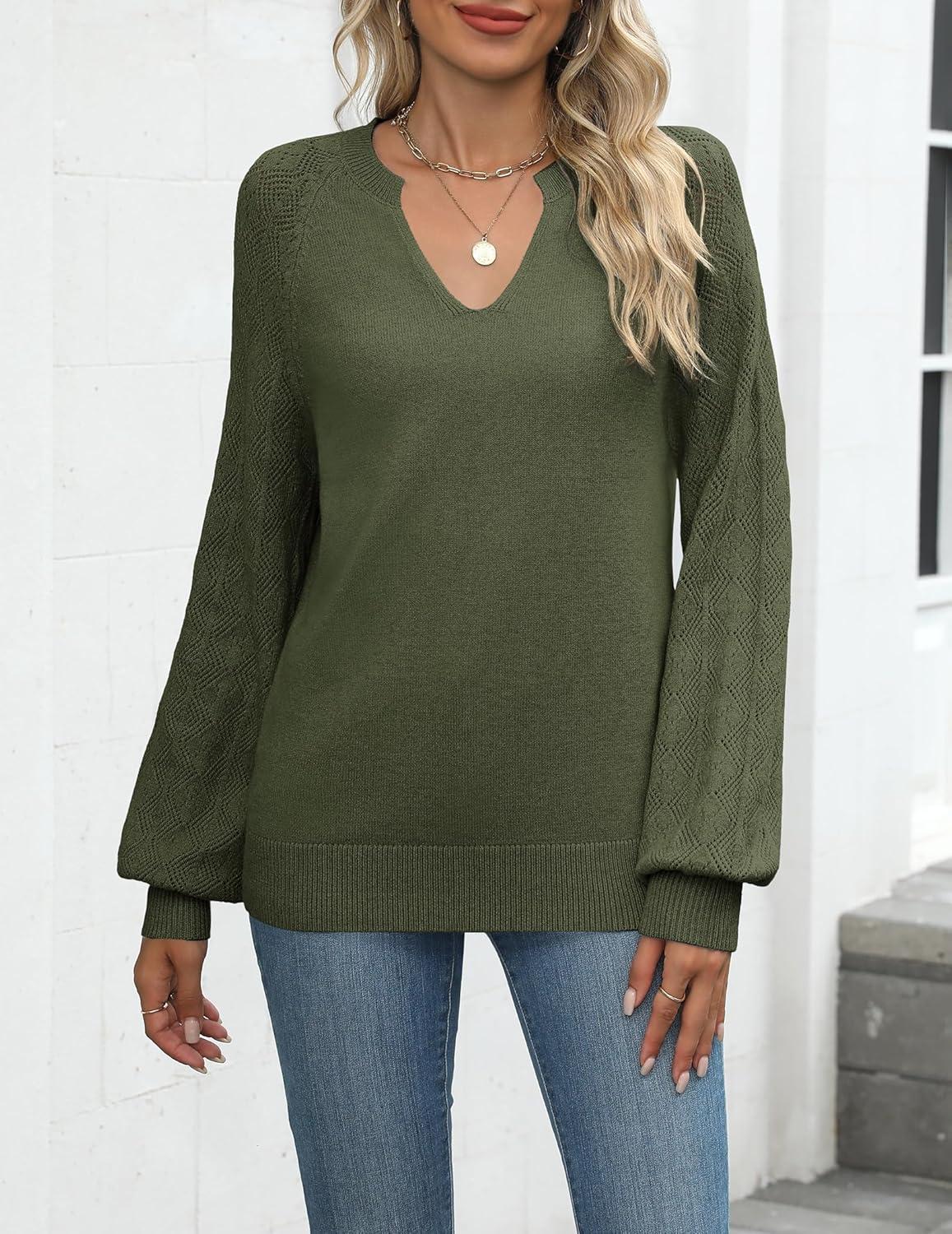 imageZeagoo Womens 2026 Fall Sweaters Casual Long Sleeve V Neck Loose Lightweight Crochet Knit Pullover Sweater TopsArmy Green