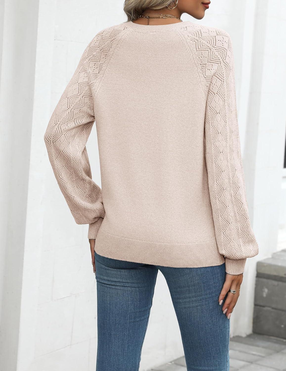 imageZeagoo Womens 2026 Fall Sweaters Casual Long Sleeve V Neck Loose Lightweight Crochet Knit Pullover Sweater TopsBeige