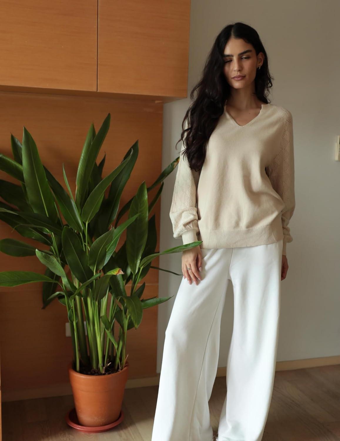 imageZeagoo Womens 2026 Fall Sweaters Casual Long Sleeve V Neck Loose Lightweight Crochet Knit Pullover Sweater TopsBeige