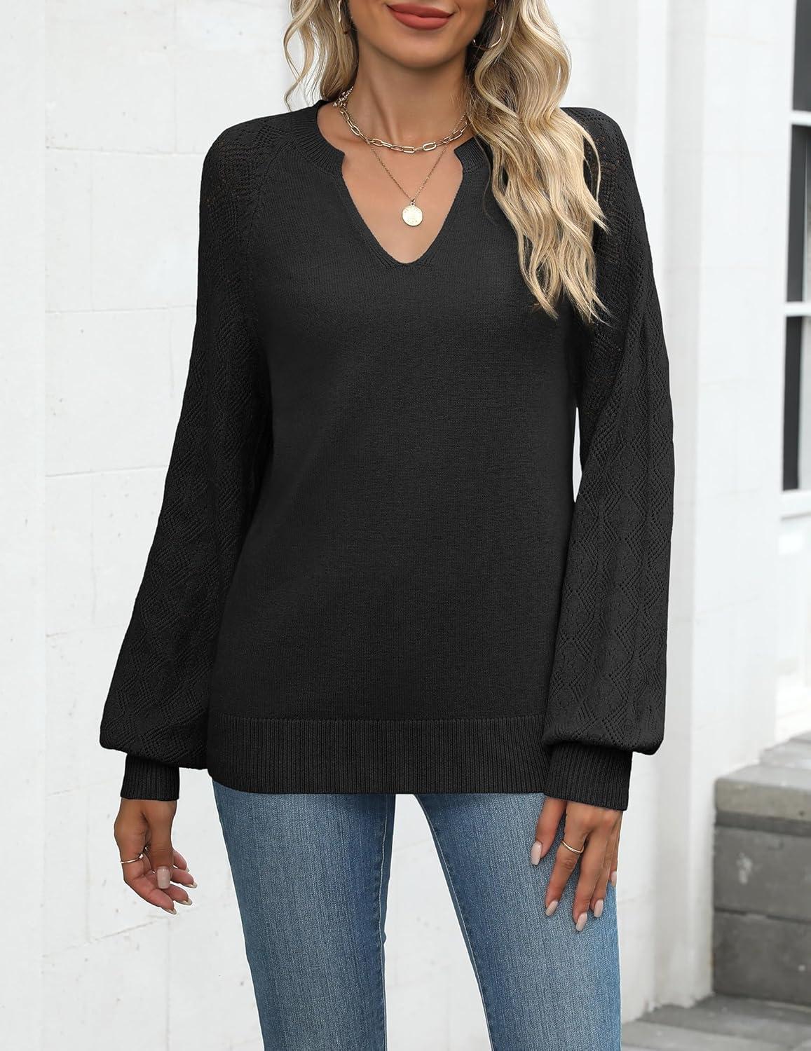 imageZeagoo Womens 2026 Fall Sweaters Casual Long Sleeve V Neck Loose Lightweight Crochet Knit Pullover Sweater TopsBlack