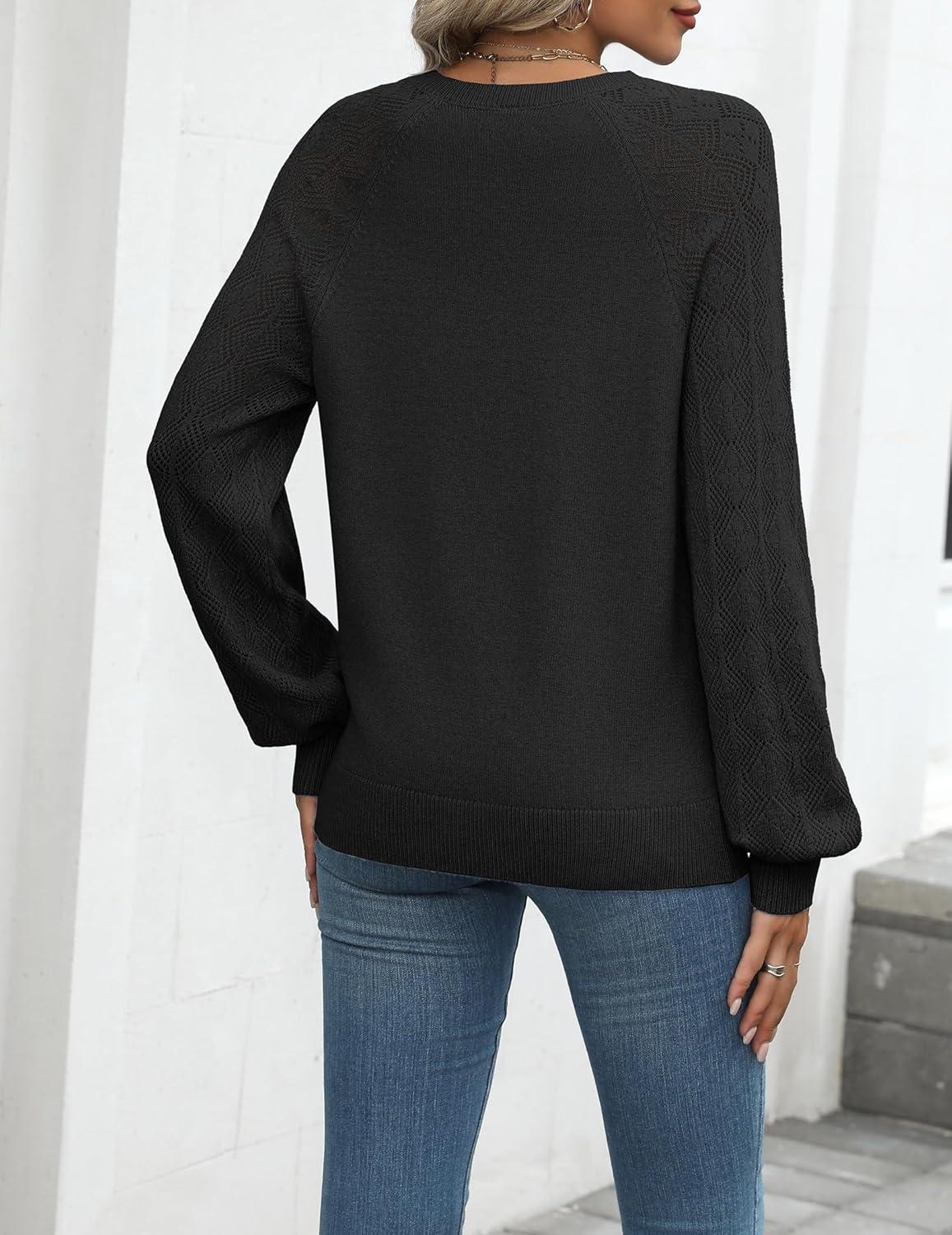 imageZeagoo Womens 2026 Fall Sweaters Casual Long Sleeve V Neck Loose Lightweight Crochet Knit Pullover Sweater TopsBlack