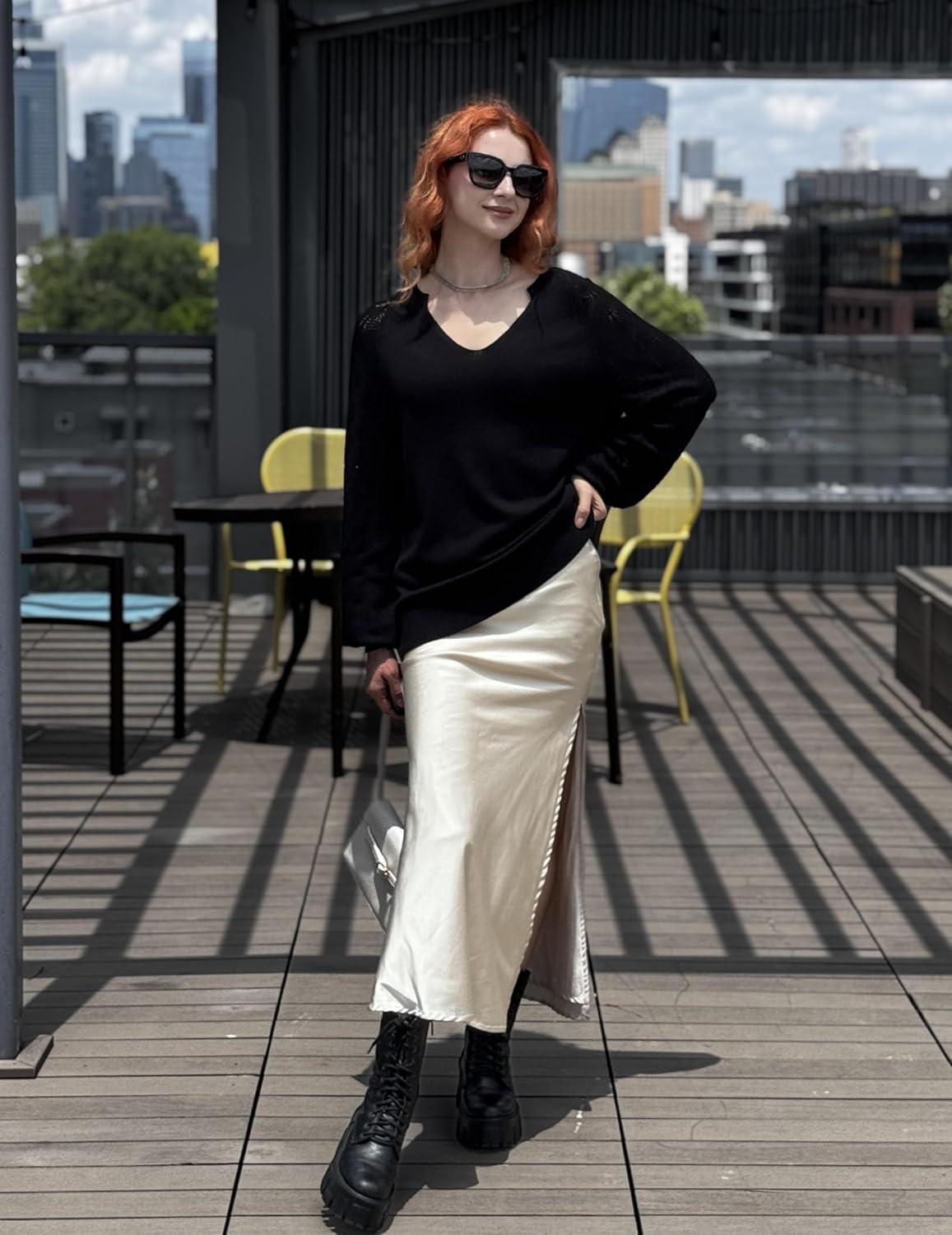 imageZeagoo Womens 2026 Fall Sweaters Casual Long Sleeve V Neck Loose Lightweight Crochet Knit Pullover Sweater TopsBlack