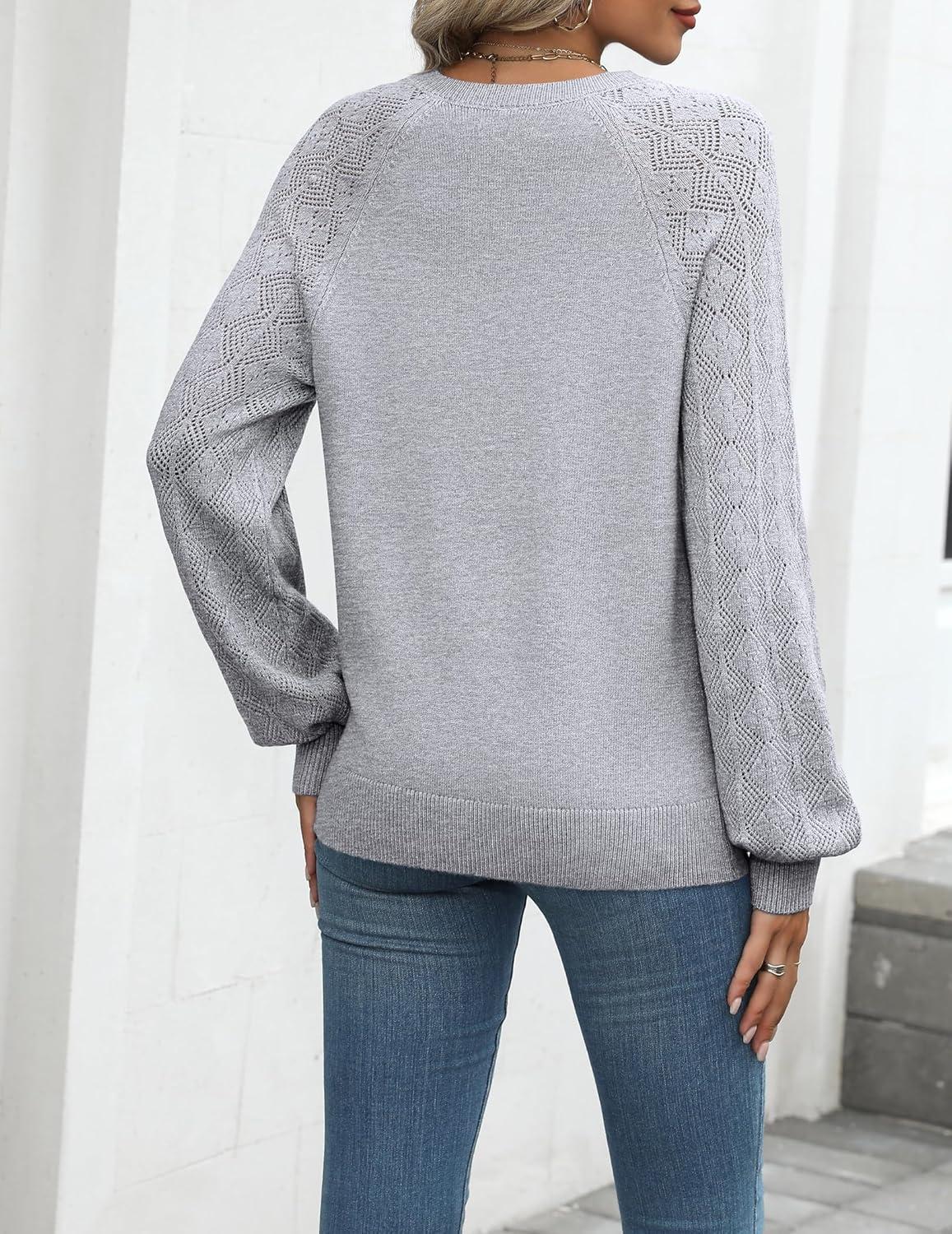 imageZeagoo Womens 2026 Fall Sweaters Casual Long Sleeve V Neck Loose Lightweight Crochet Knit Pullover Sweater TopsBowknot Grey