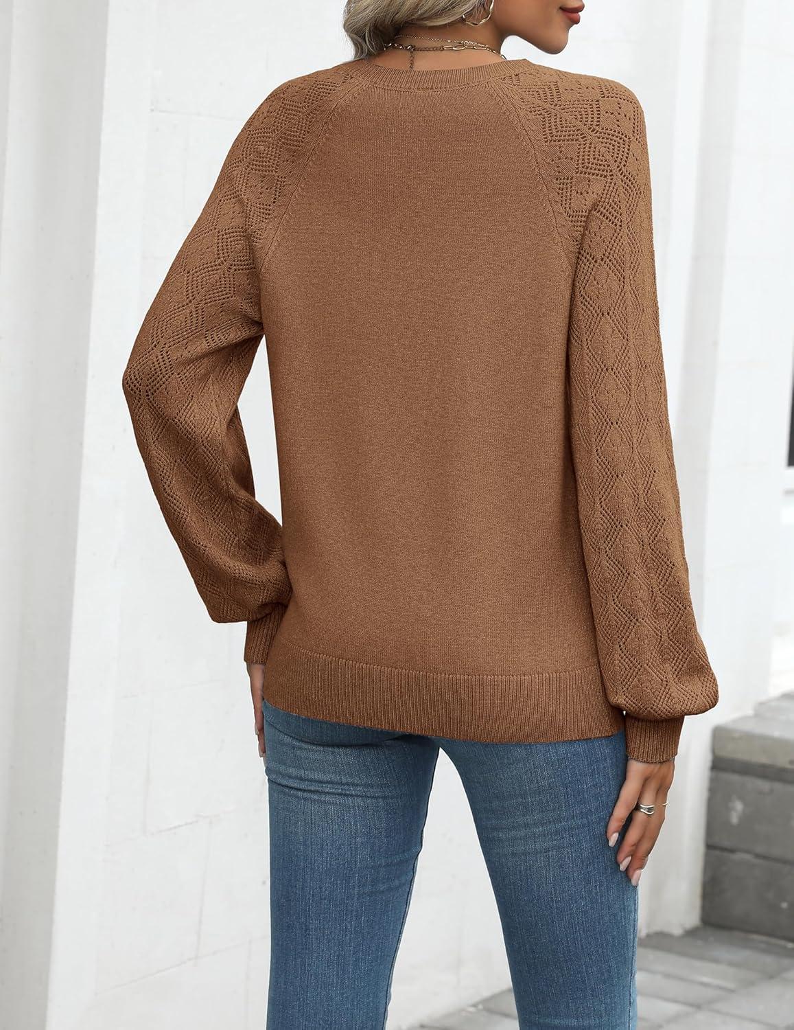 imageZeagoo Womens 2026 Fall Sweaters Casual Long Sleeve V Neck Loose Lightweight Crochet Knit Pullover Sweater TopsCoffee