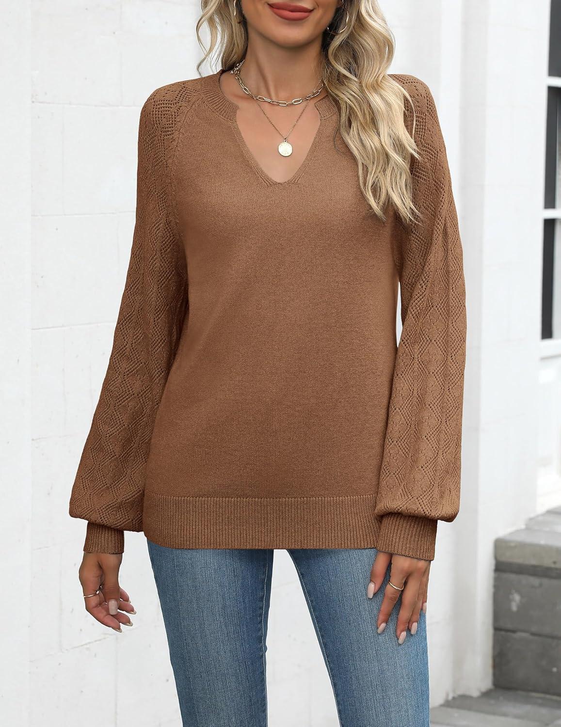 imageZeagoo Womens 2026 Fall Sweaters Casual Long Sleeve V Neck Loose Lightweight Crochet Knit Pullover Sweater TopsCoffee
