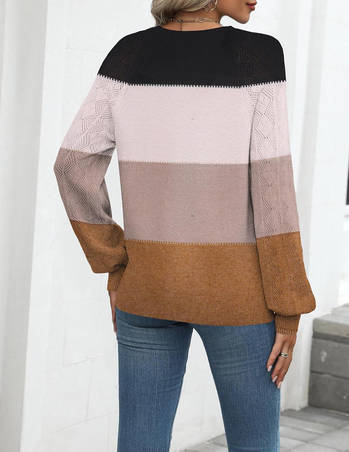 imageZeagoo Womens 2026 Fall Sweaters Casual Long Sleeve V Neck Loose Lightweight Crochet Knit Pullover Sweater TopsColorblock Tw638