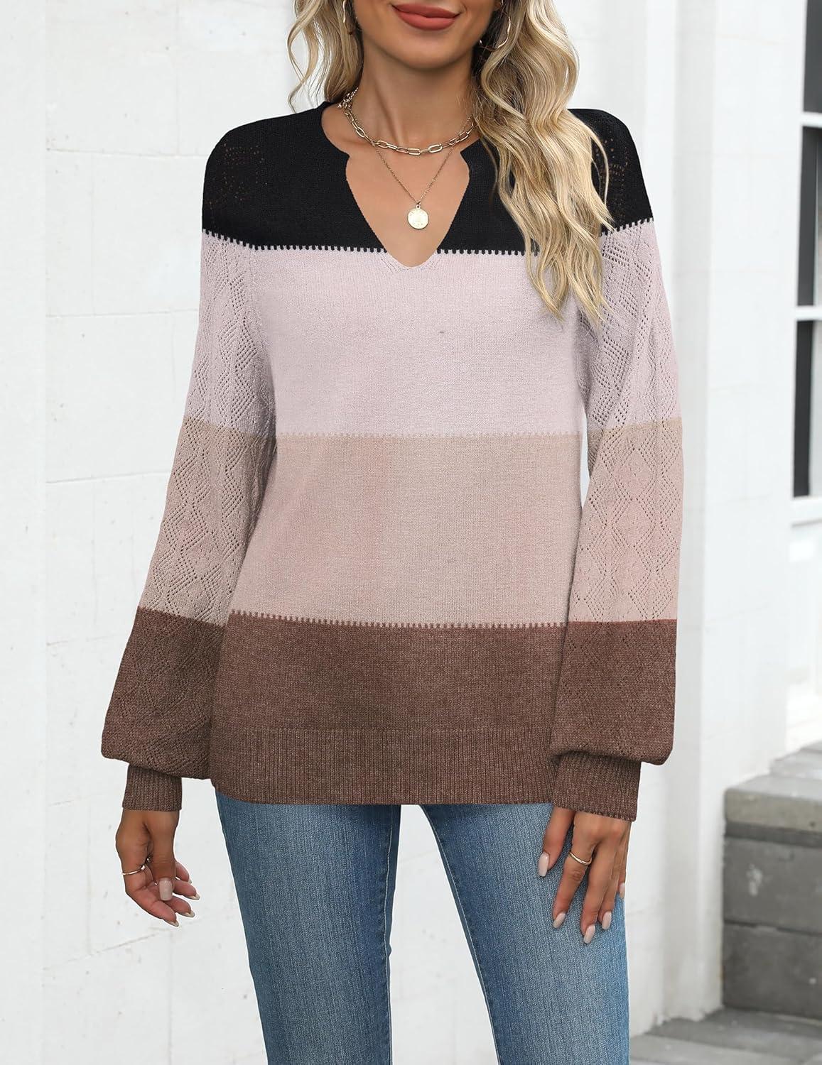 imageZeagoo Womens 2026 Fall Sweaters Casual Long Sleeve V Neck Loose Lightweight Crochet Knit Pullover Sweater TopsColorblock Tz191