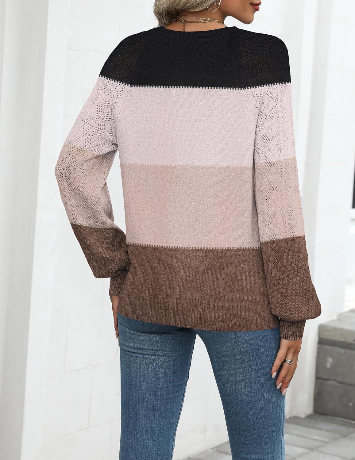 imageZeagoo Womens 2026 Fall Sweaters Casual Long Sleeve V Neck Loose Lightweight Crochet Knit Pullover Sweater TopsColorblock Tz191