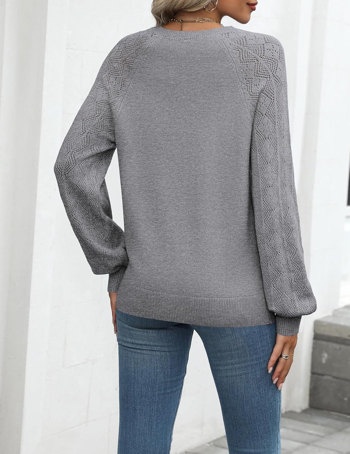 imageZeagoo Womens 2026 Fall Sweaters Casual Long Sleeve V Neck Loose Lightweight Crochet Knit Pullover Sweater TopsGrey