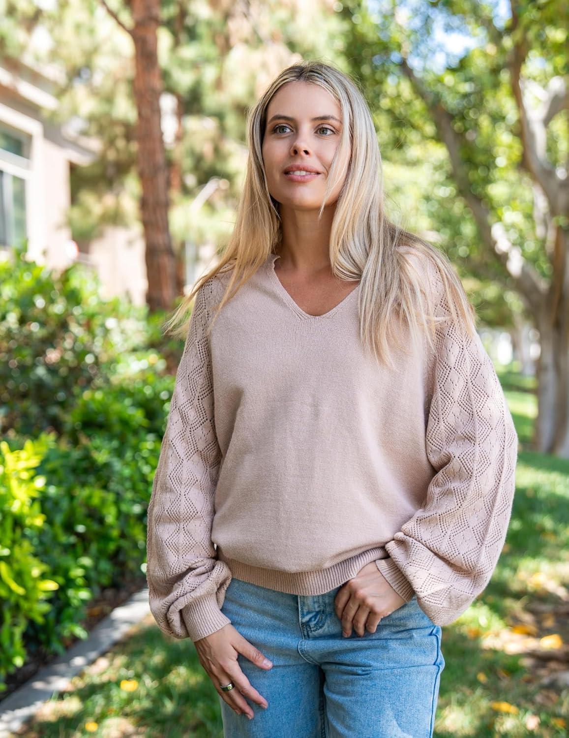 imageZeagoo Womens 2026 Fall Sweaters Casual Long Sleeve V Neck Loose Lightweight Crochet Knit Pullover Sweater TopsKhaki