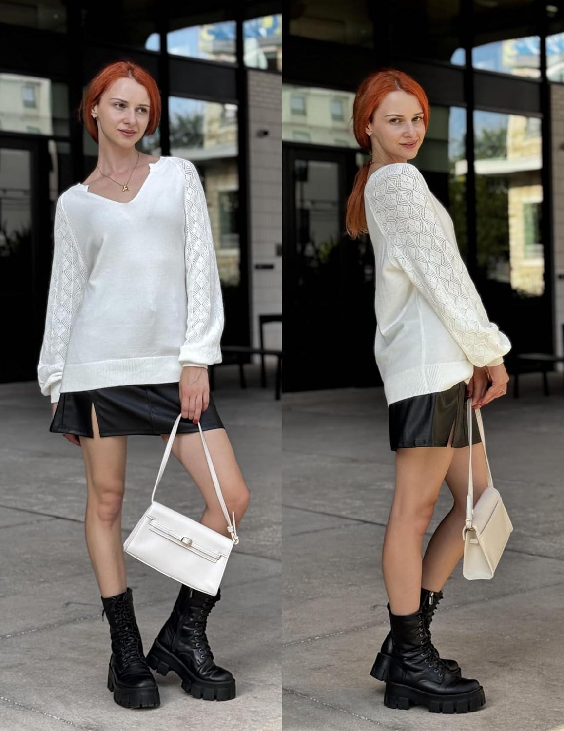 imageZeagoo Womens 2026 Fall Sweaters Casual Long Sleeve V Neck Loose Lightweight Crochet Knit Pullover Sweater TopsWhite