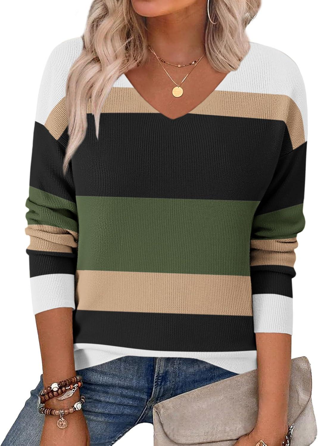 imageZeagoo Womens 2026 Fall Sweaters Long Sleeve V Neck Knit Pullovers Business Casual Sweater TopsArmy Stripe