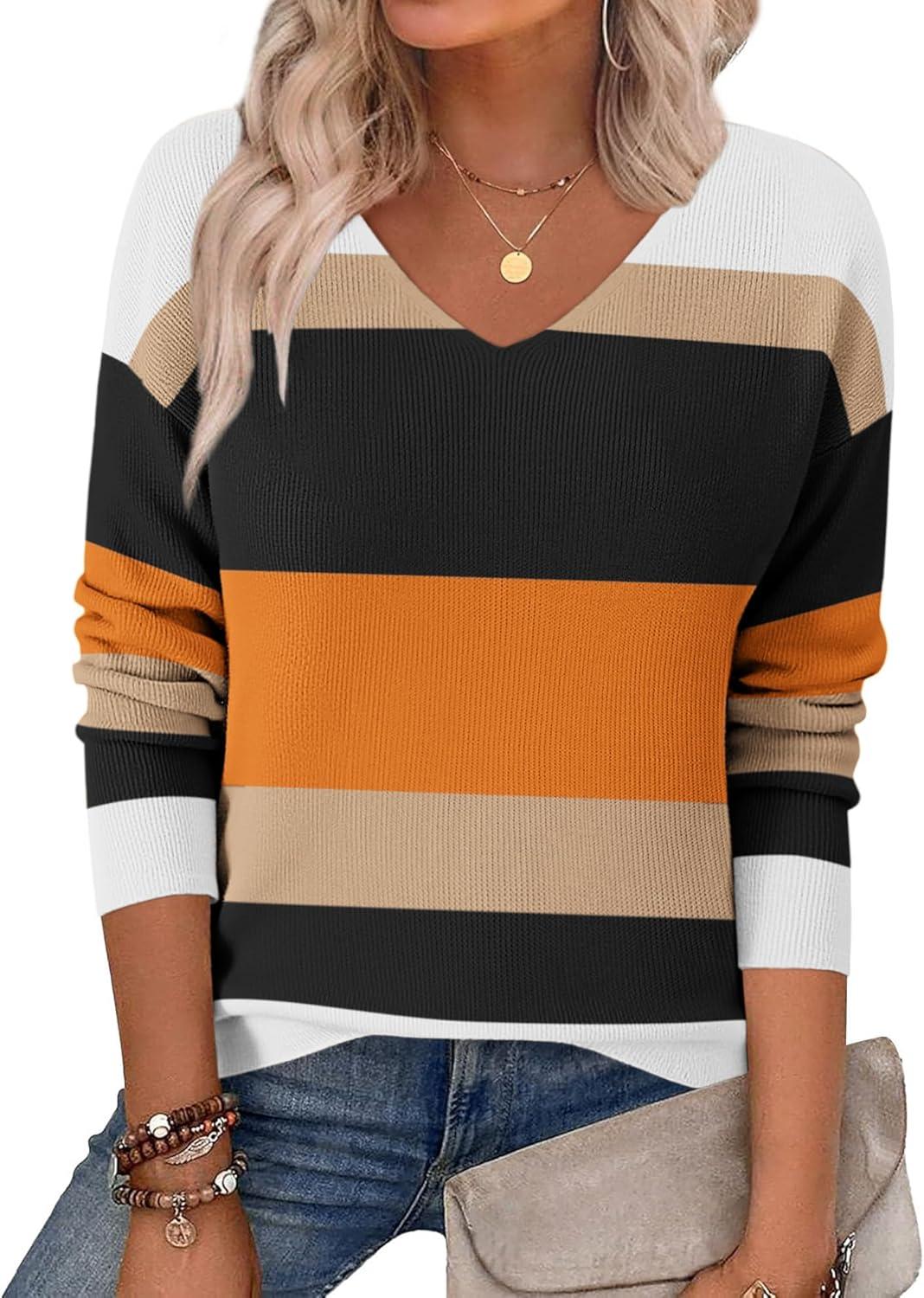 imageZeagoo Womens 2026 Fall Sweaters Long Sleeve V Neck Knit Pullovers Business Casual Sweater TopsOrange Stripe