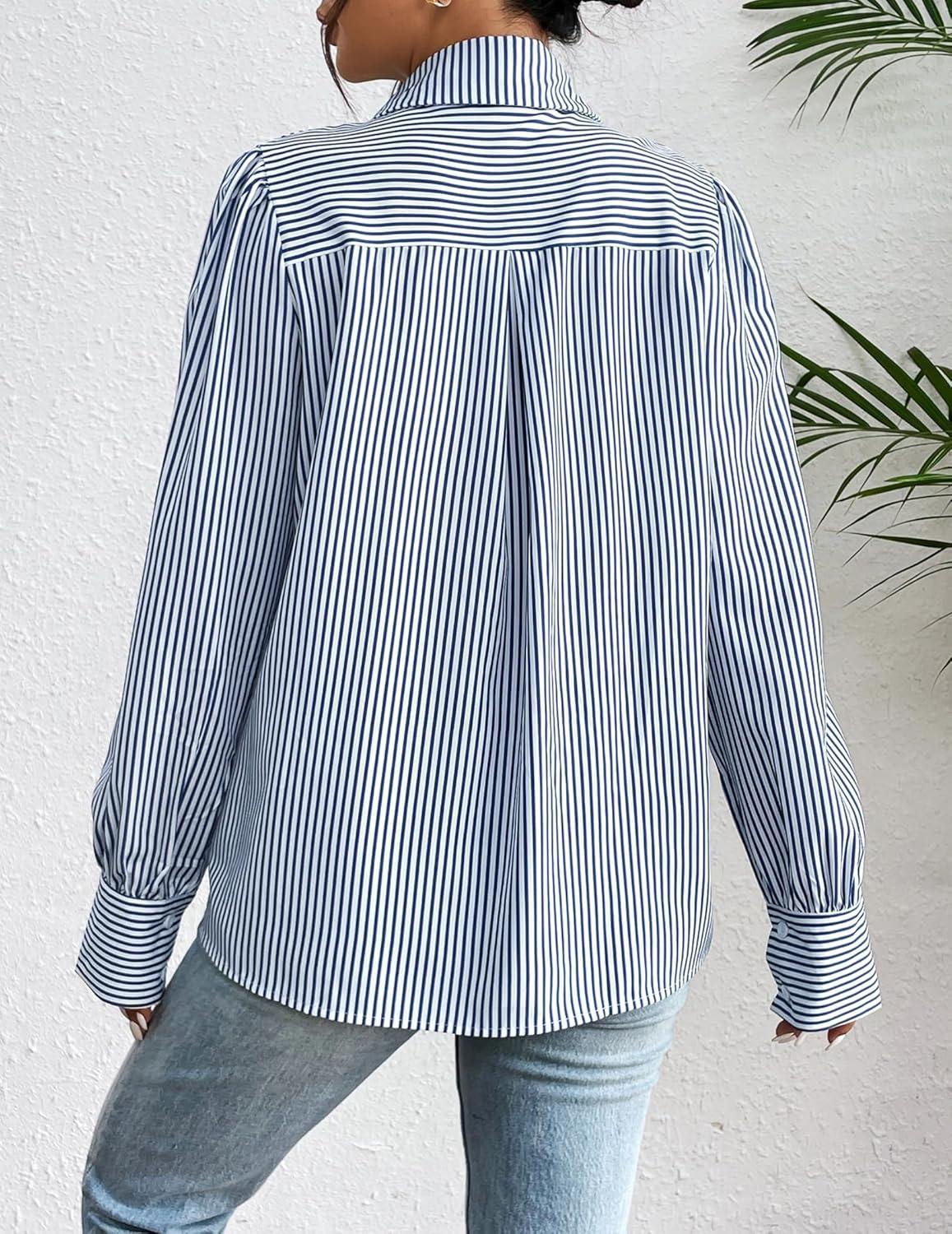 imageZeagoo Womens Button Down Shirts Lantern Long Sleeve Blouse Business Casual Work Tops Floral Printed Outfits1blue Stripe