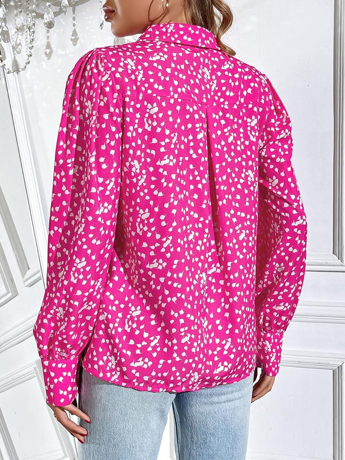 imageZeagoo Womens Button Down Shirts Lantern Long Sleeve Blouse Business Casual Work Tops Floral Printed OutfitsB2 Pink Dot