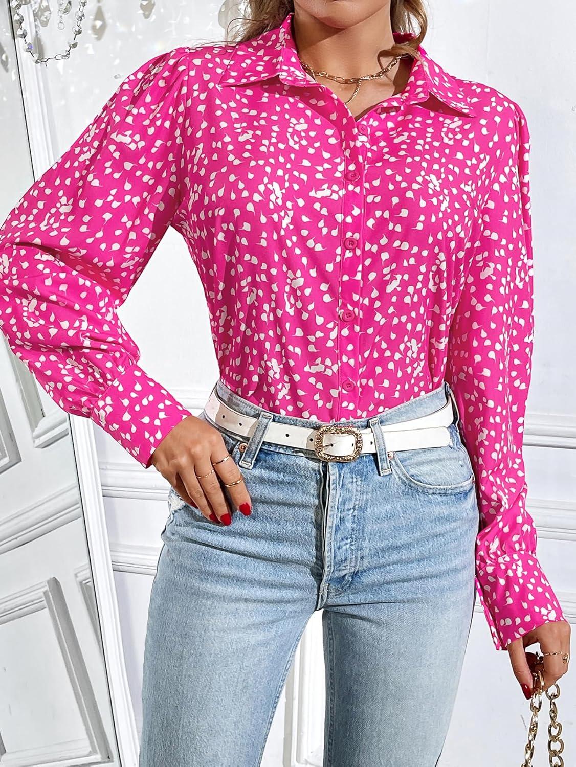 imageZeagoo Womens Button Down Shirts Lantern Long Sleeve Blouse Business Casual Work Tops Floral Printed OutfitsB2 Pink Dot
