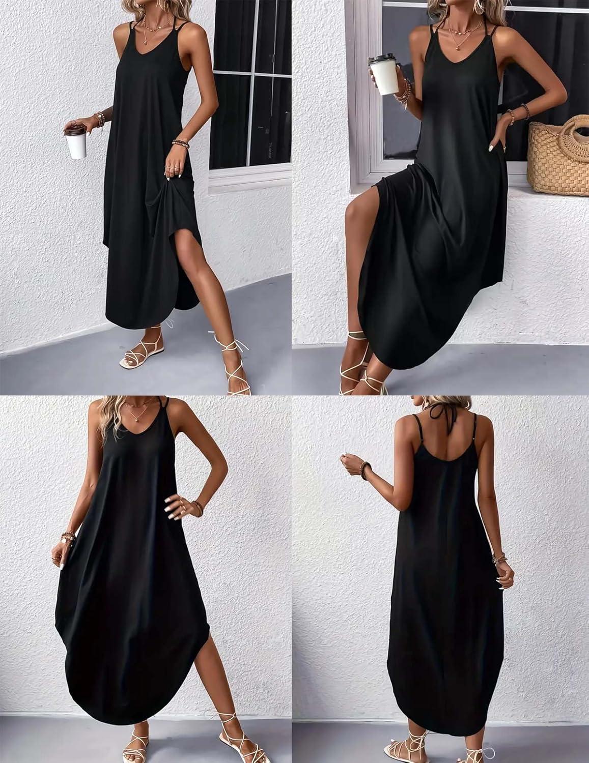 imageZeagoo Womens Casual Sundress Summer Maxi Sleeveless V Neck Split Boho Beach Dress Travel Vacation Dress with Pockets01black