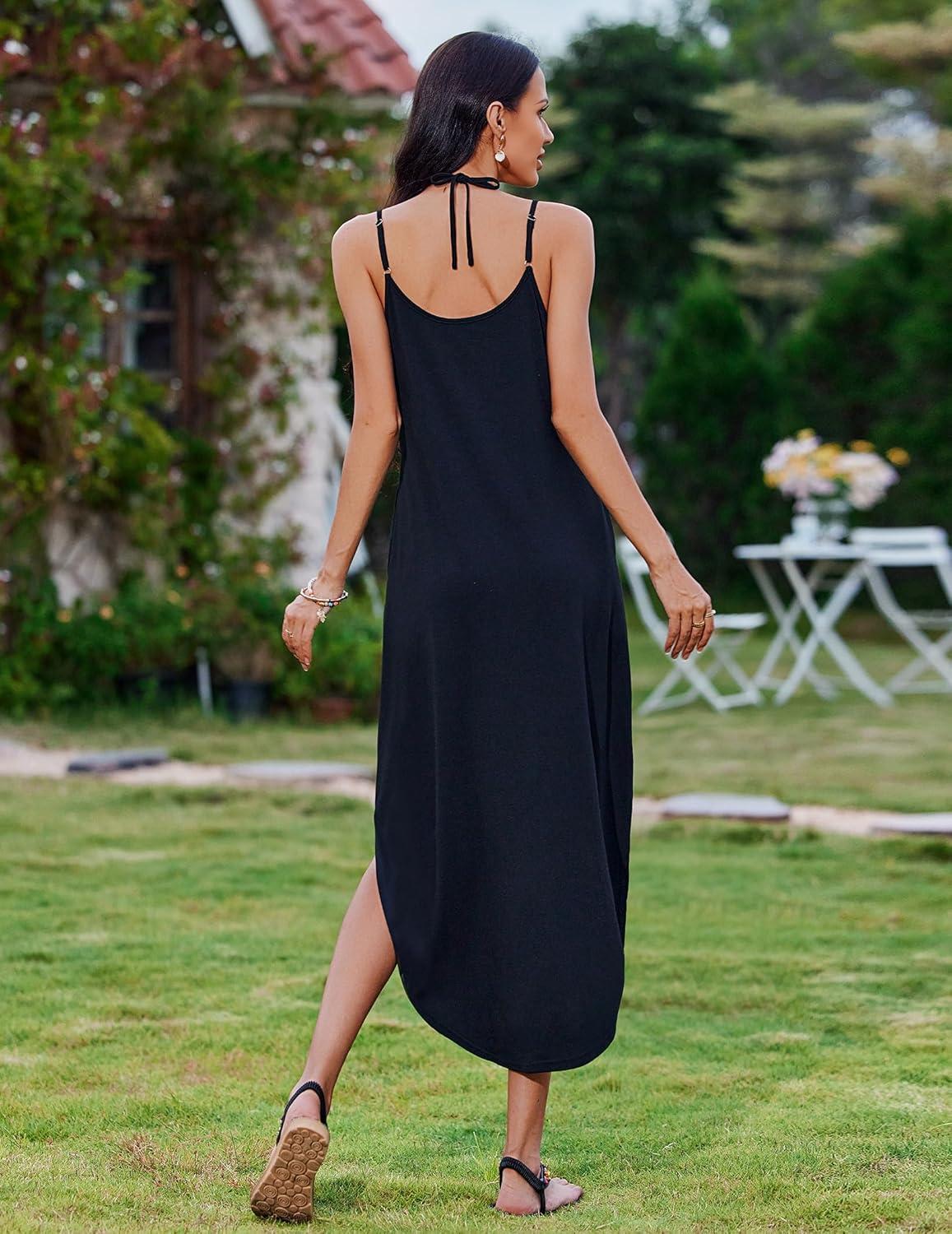imageZeagoo Womens Casual Sundress Summer Maxi Sleeveless V Neck Split Boho Beach Dress Travel Vacation Dress with Pockets01black