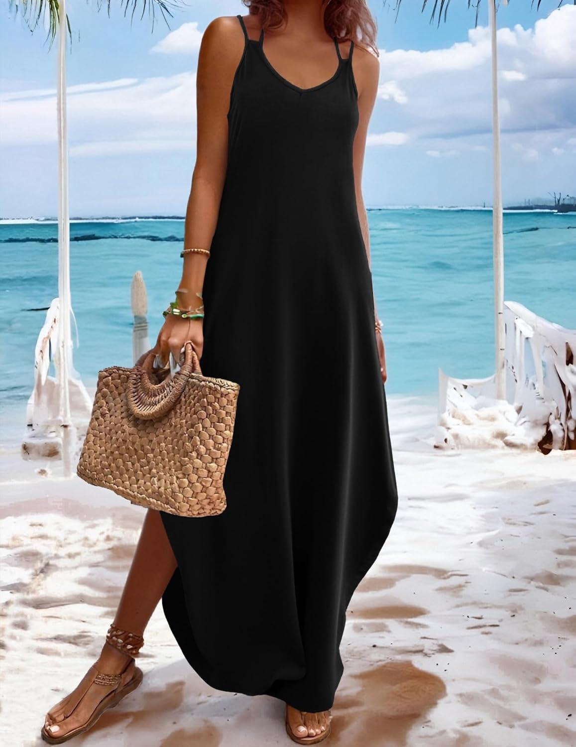 imageZeagoo Womens Casual Sundress Summer Maxi Sleeveless V Neck Split Boho Beach Dress Travel Vacation Dress with Pockets01black