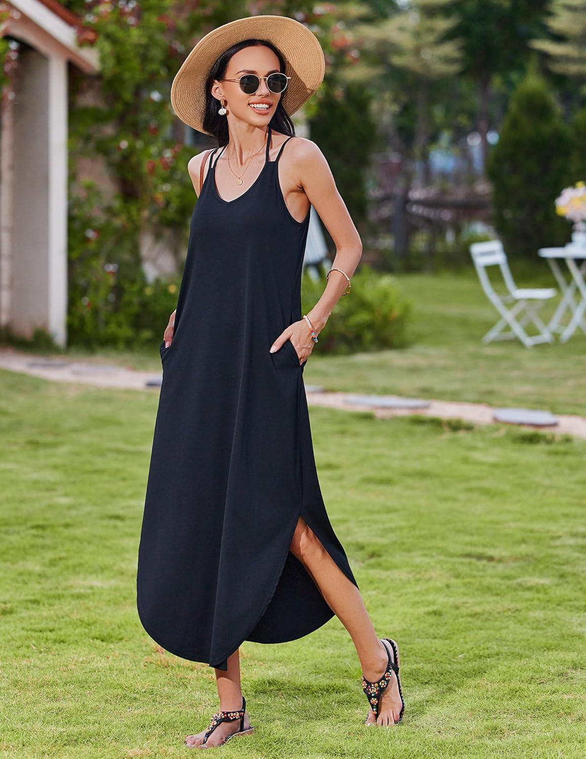 imageZeagoo Womens Casual Sundress Summer Maxi Sleeveless V Neck Split Boho Beach Dress Travel Vacation Dress with Pockets01black