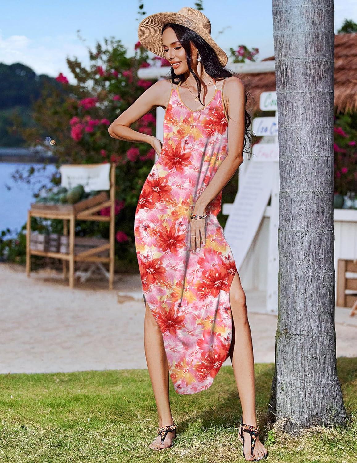 imageZeagoo Womens Casual Sundress Summer Maxi Sleeveless V Neck Split Boho Beach Dress Travel Vacation Dress with Pockets02pink Floral