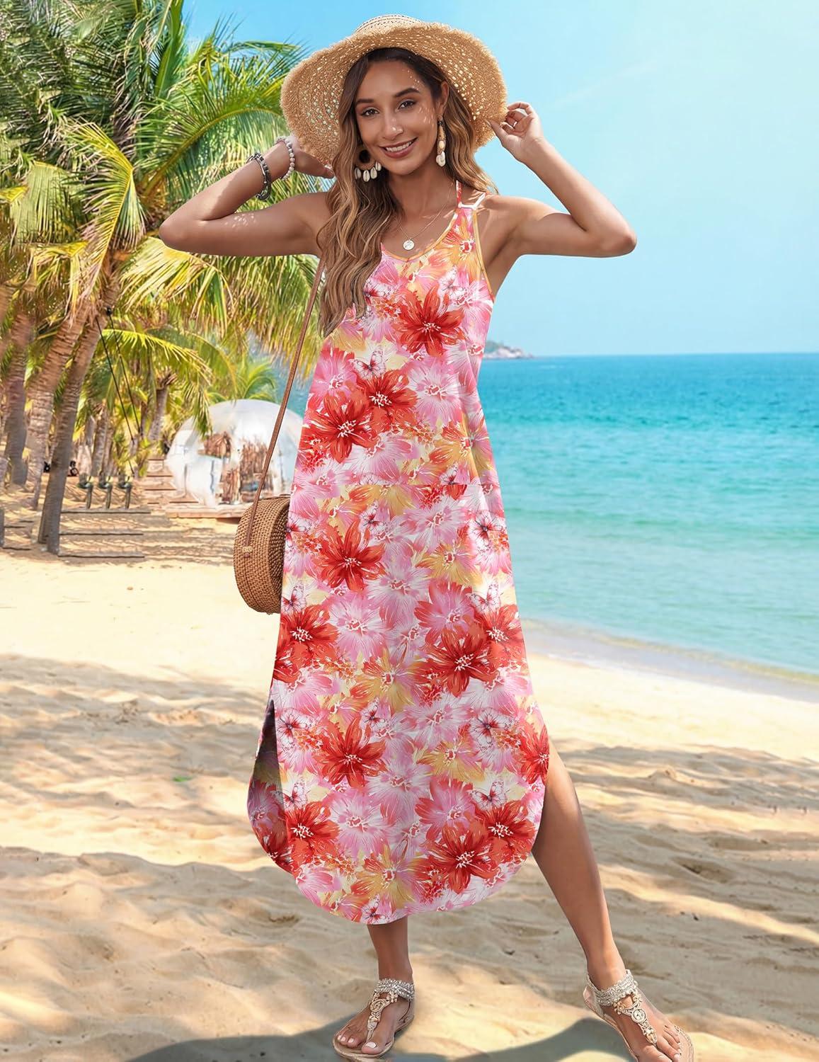 imageZeagoo Womens Casual Sundress Summer Maxi Sleeveless V Neck Split Boho Beach Dress Travel Vacation Dress with Pockets02pink Floral