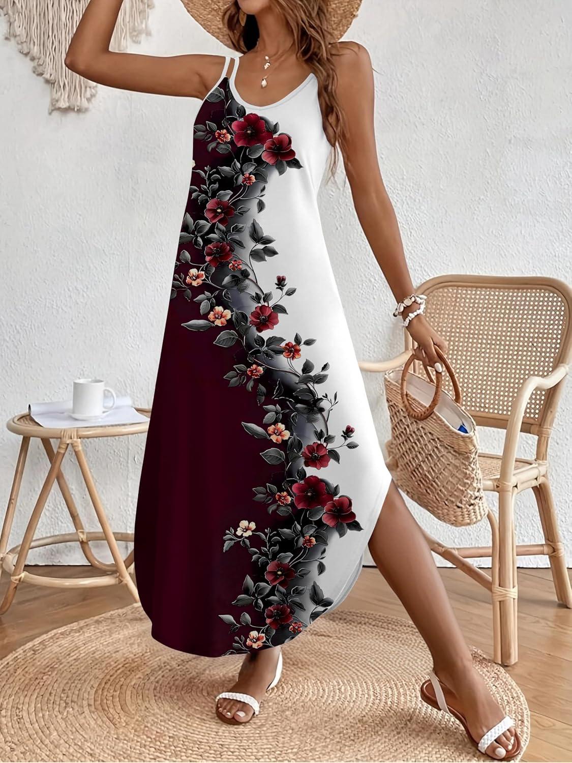 imageZeagoo Womens Casual Sundress Summer Maxi Sleeveless V Neck Split Boho Beach Dress Travel Vacation Dress with PocketsBf183