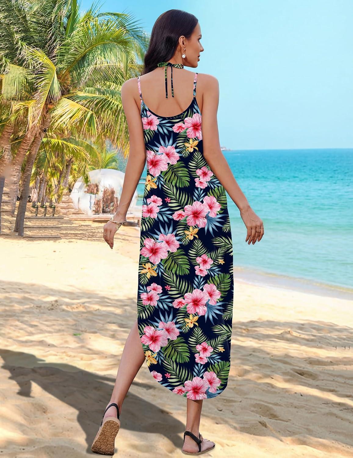 imageZeagoo Womens Casual Sundress Summer Maxi Sleeveless V Neck Split Boho Beach Dress Travel Vacation Dress with PocketsColorful Flora3
