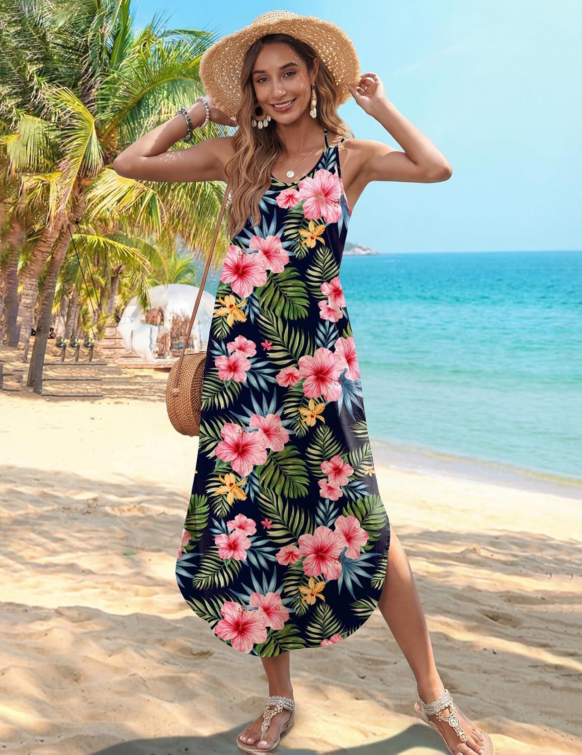 imageZeagoo Womens Casual Sundress Summer Maxi Sleeveless V Neck Split Boho Beach Dress Travel Vacation Dress with PocketsColorful Flora3