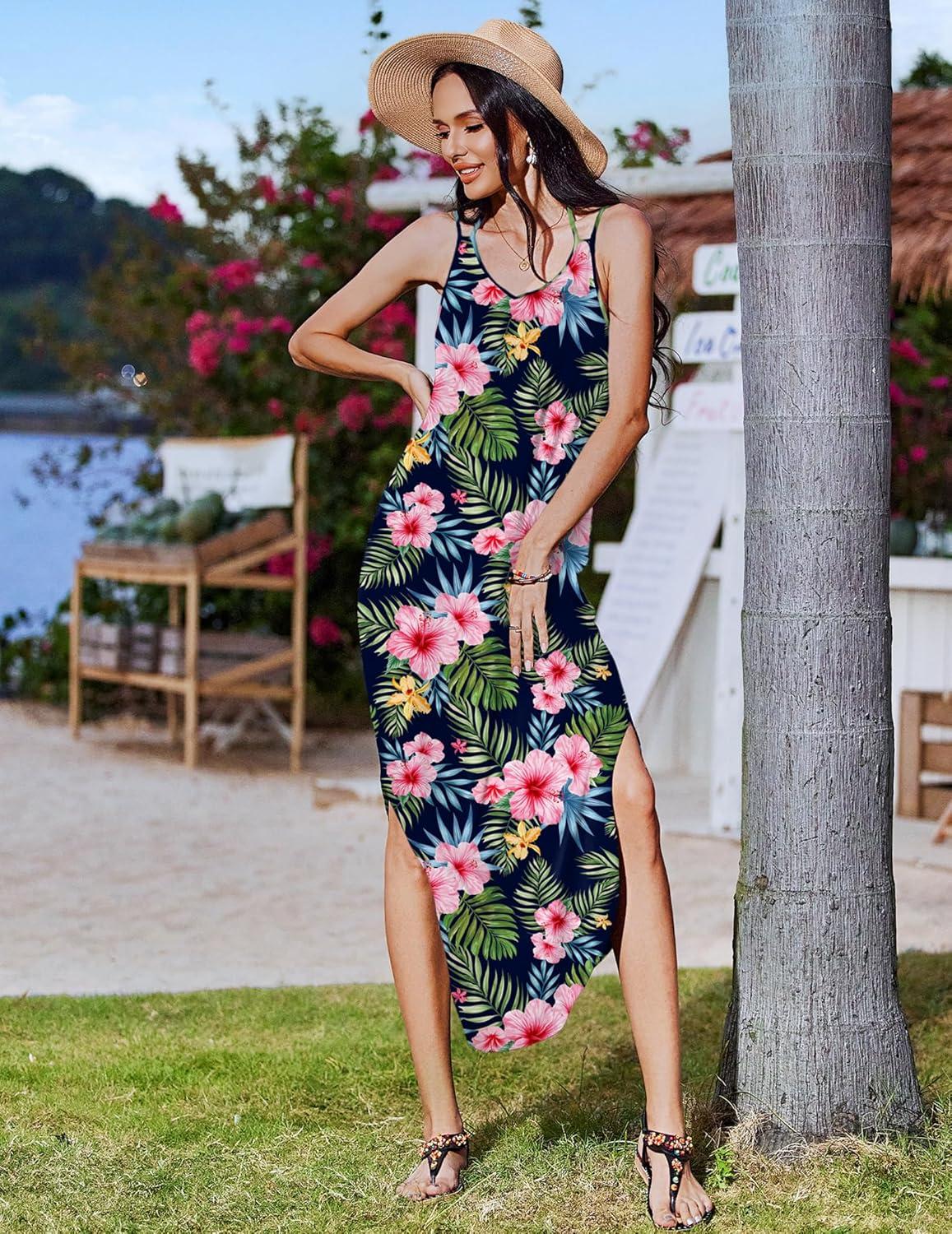 imageZeagoo Womens Casual Sundress Summer Maxi Sleeveless V Neck Split Boho Beach Dress Travel Vacation Dress with PocketsColorful Flora3