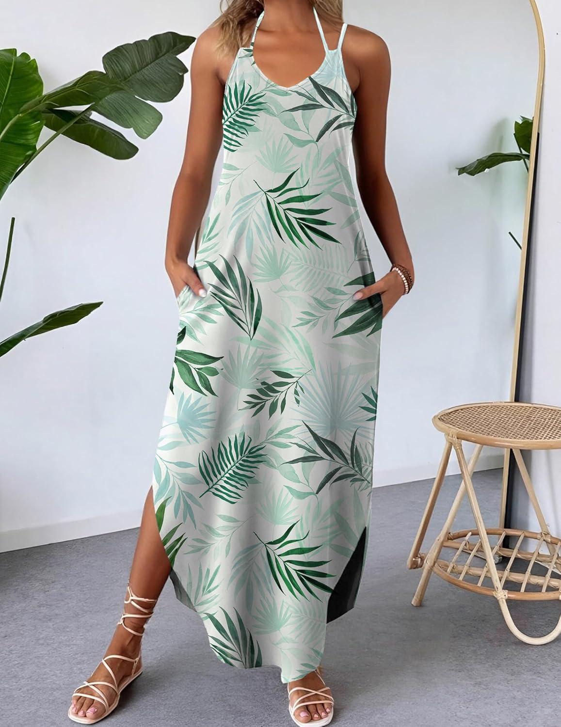 imageZeagoo Womens Casual Sundress Summer Maxi Sleeveless V Neck Split Boho Beach Dress Travel Vacation Dress with PocketsLeaf2