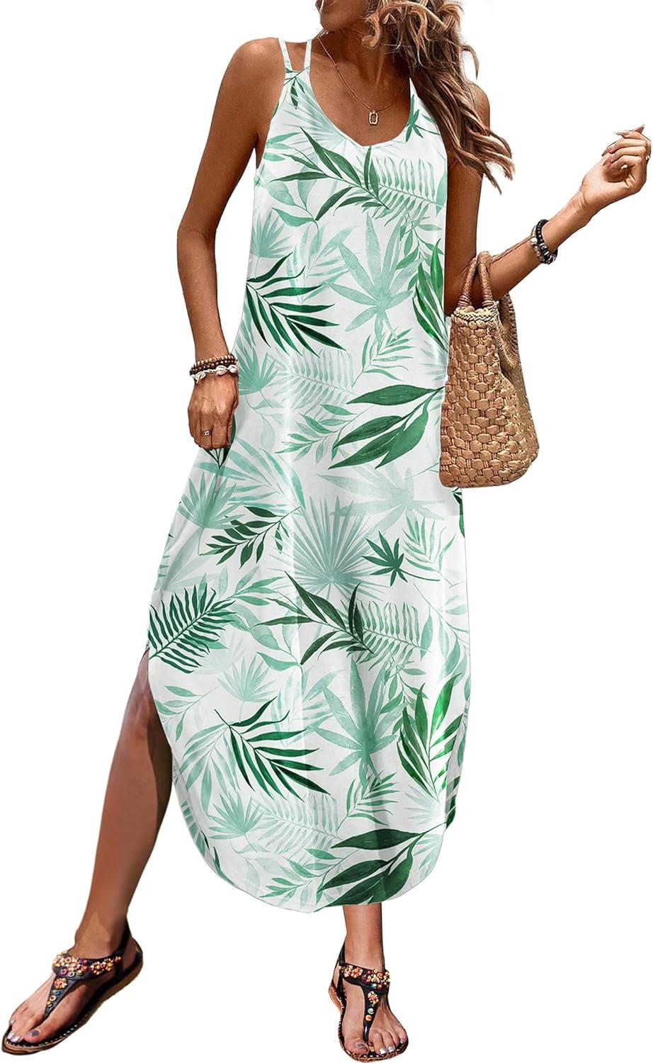 imageZeagoo Womens Casual Sundress Summer Maxi Sleeveless V Neck Split Boho Beach Dress Travel Vacation Dress with PocketsLeaf2