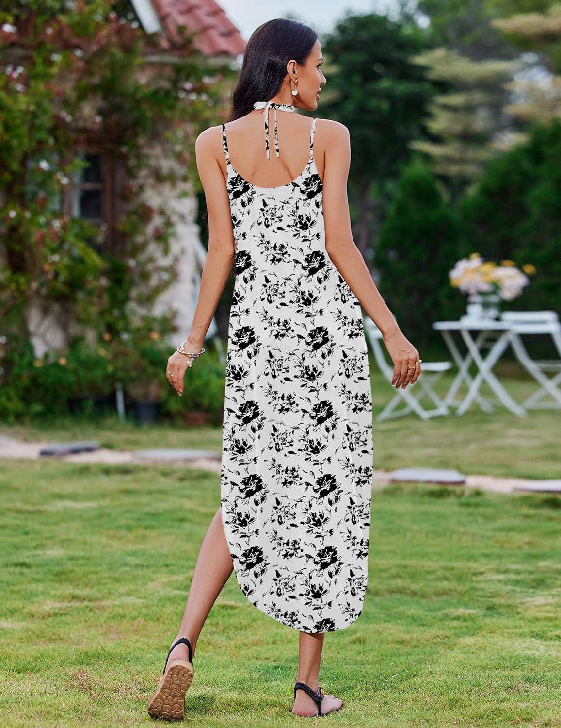 imageZeagoo Womens Casual Sundress Summer Maxi Sleeveless V Neck Split Boho Beach Dress Travel Vacation Dress with PocketsSf196