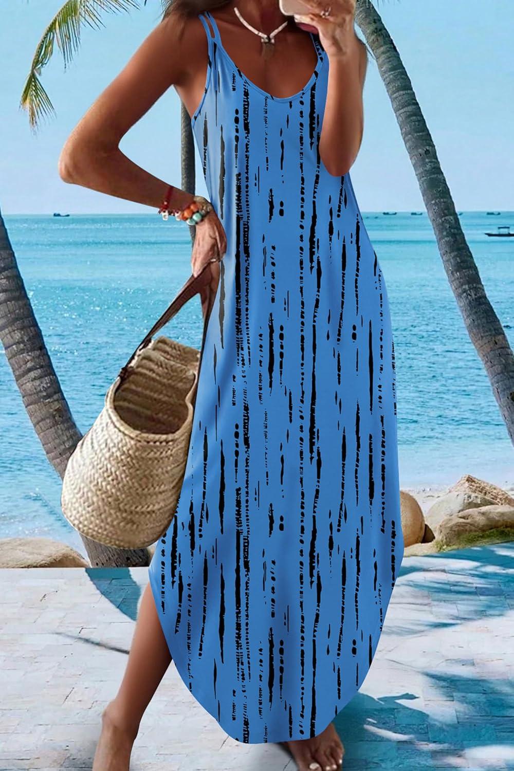 imageZeagoo Womens Casual Sundress Summer Maxi Sleeveless V Neck Split Boho Beach Dress Travel Vacation Dress with PocketsZr459