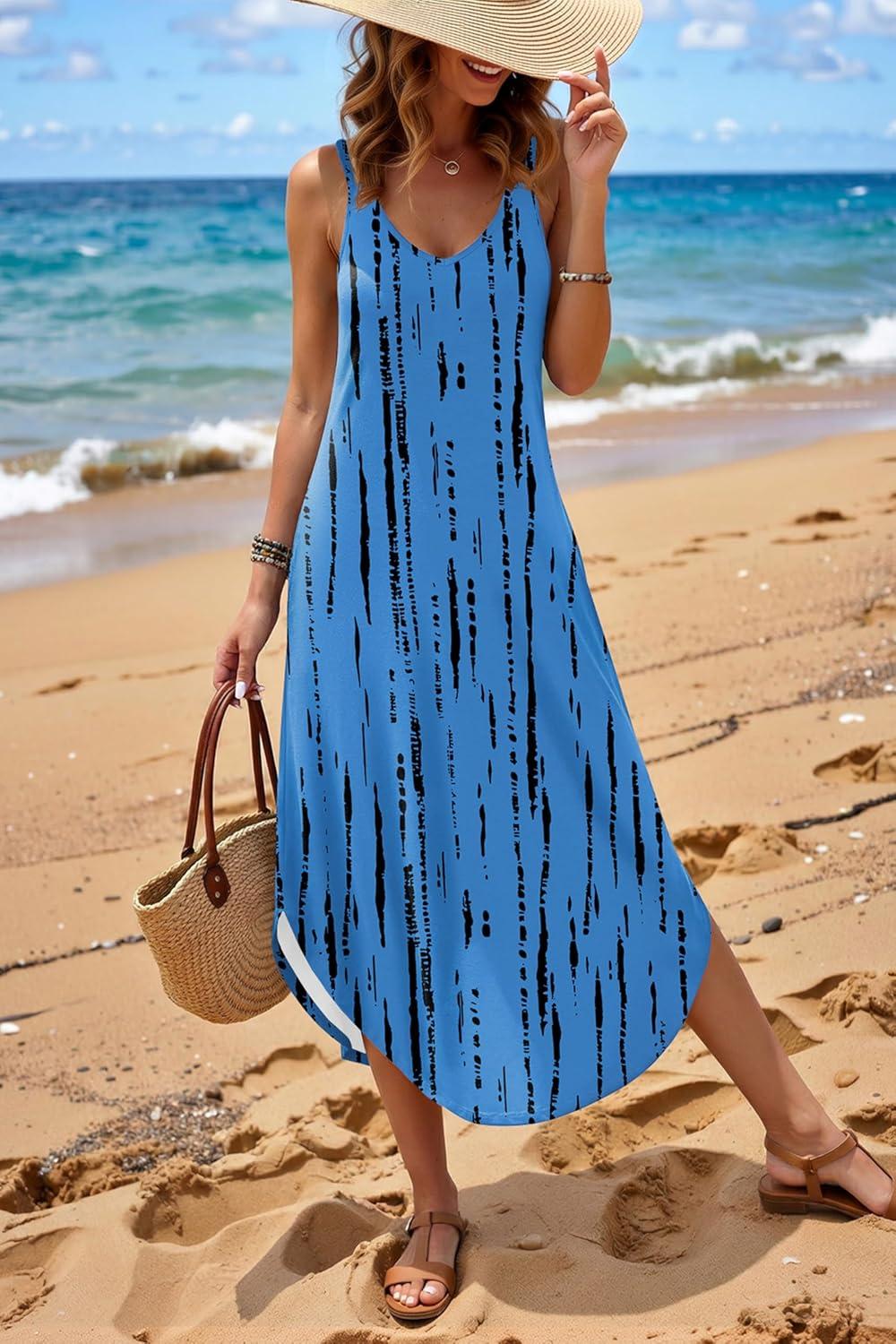 imageZeagoo Womens Casual Sundress Summer Maxi Sleeveless V Neck Split Boho Beach Dress Travel Vacation Dress with PocketsZr459