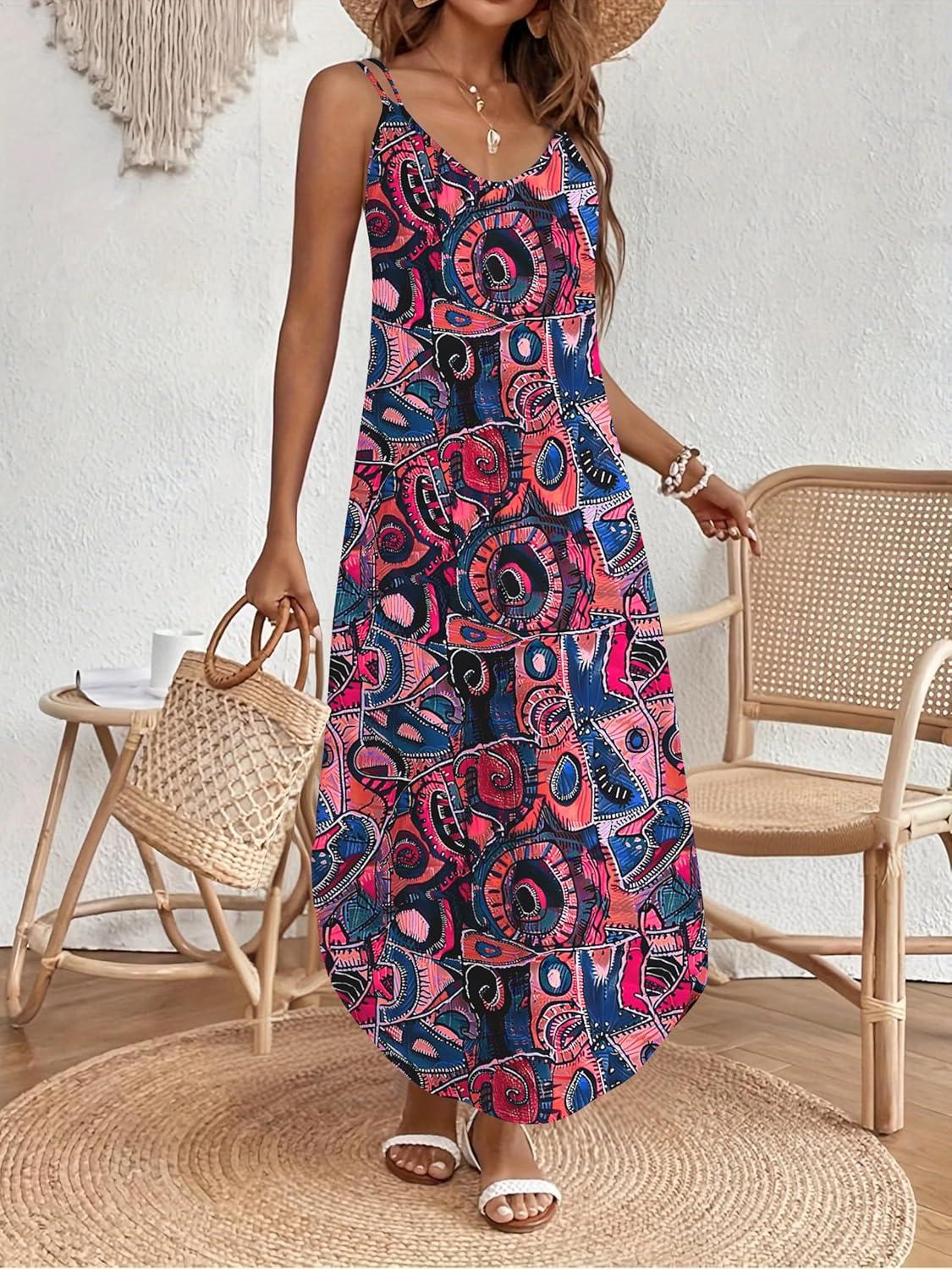 imageZeagoo Womens Casual Sundress Summer Maxi Sleeveless V Neck Split Boho Beach Dress Travel Vacation Dress with PocketsZx255