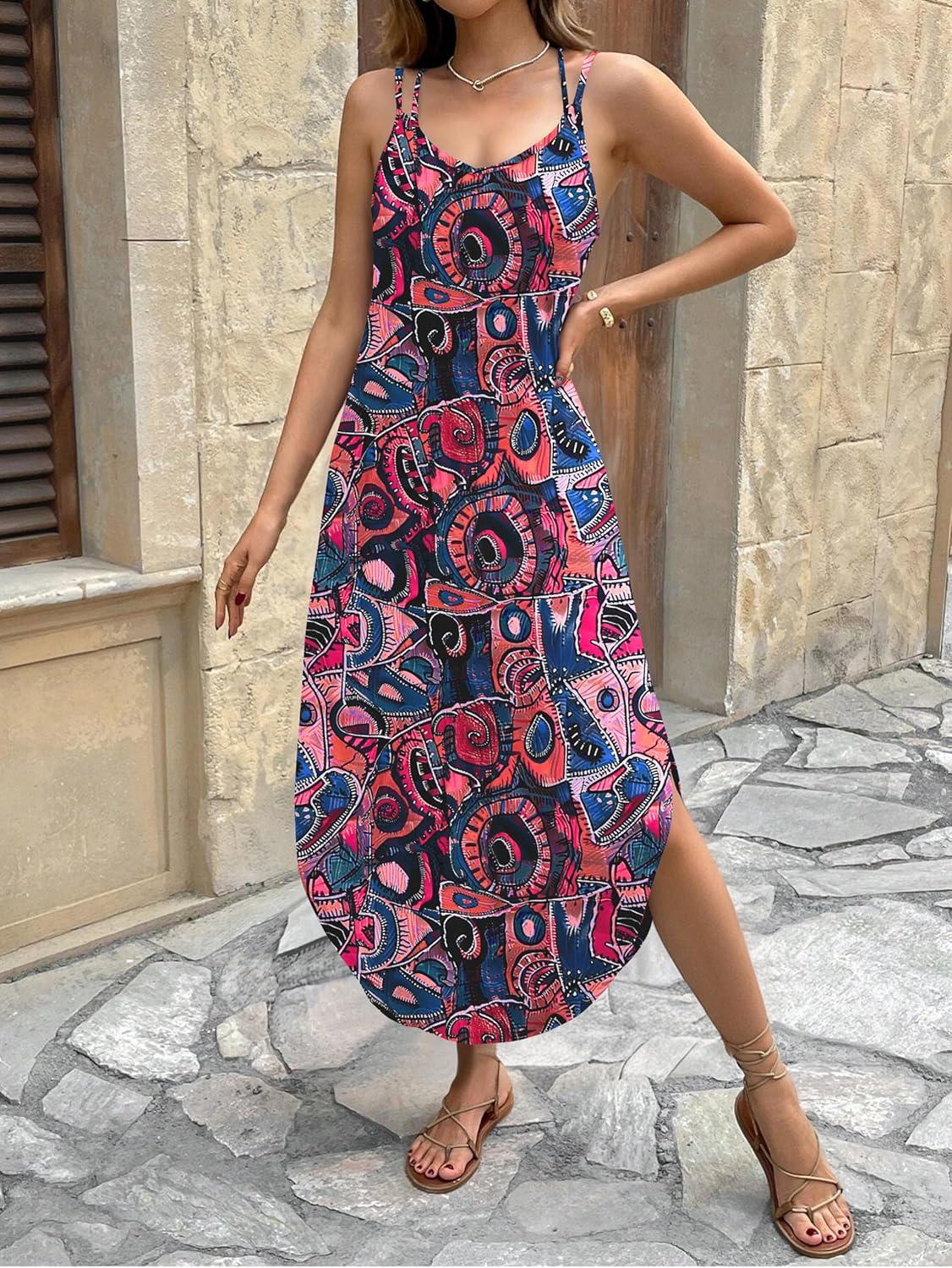 imageZeagoo Womens Casual Sundress Summer Maxi Sleeveless V Neck Split Boho Beach Dress Travel Vacation Dress with PocketsZx255