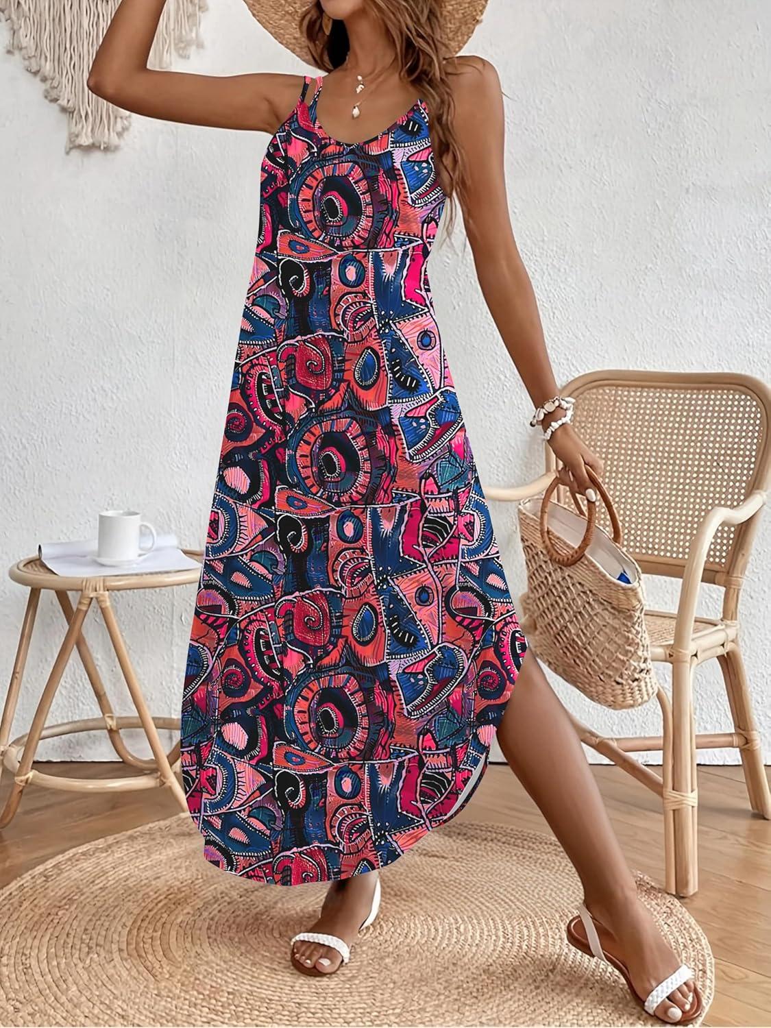 imageZeagoo Womens Casual Sundress Summer Maxi Sleeveless V Neck Split Boho Beach Dress Travel Vacation Dress with PocketsZx255
