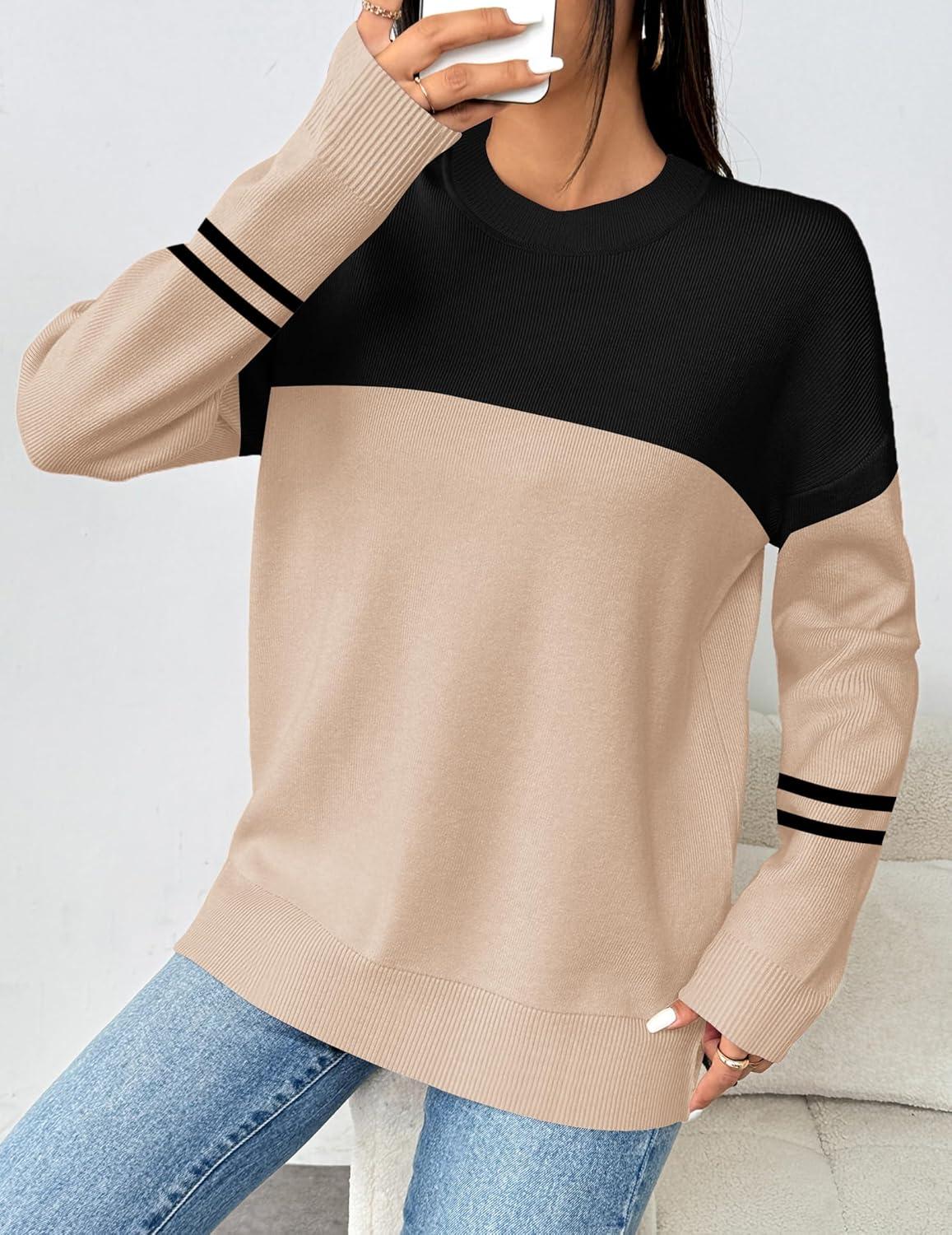 imageZeagoo Womens Crewneck Pullover Sweater Long Sleeve Knit Side Slit 2025 Fall Winter Sweater TopsApricot Black Stripe