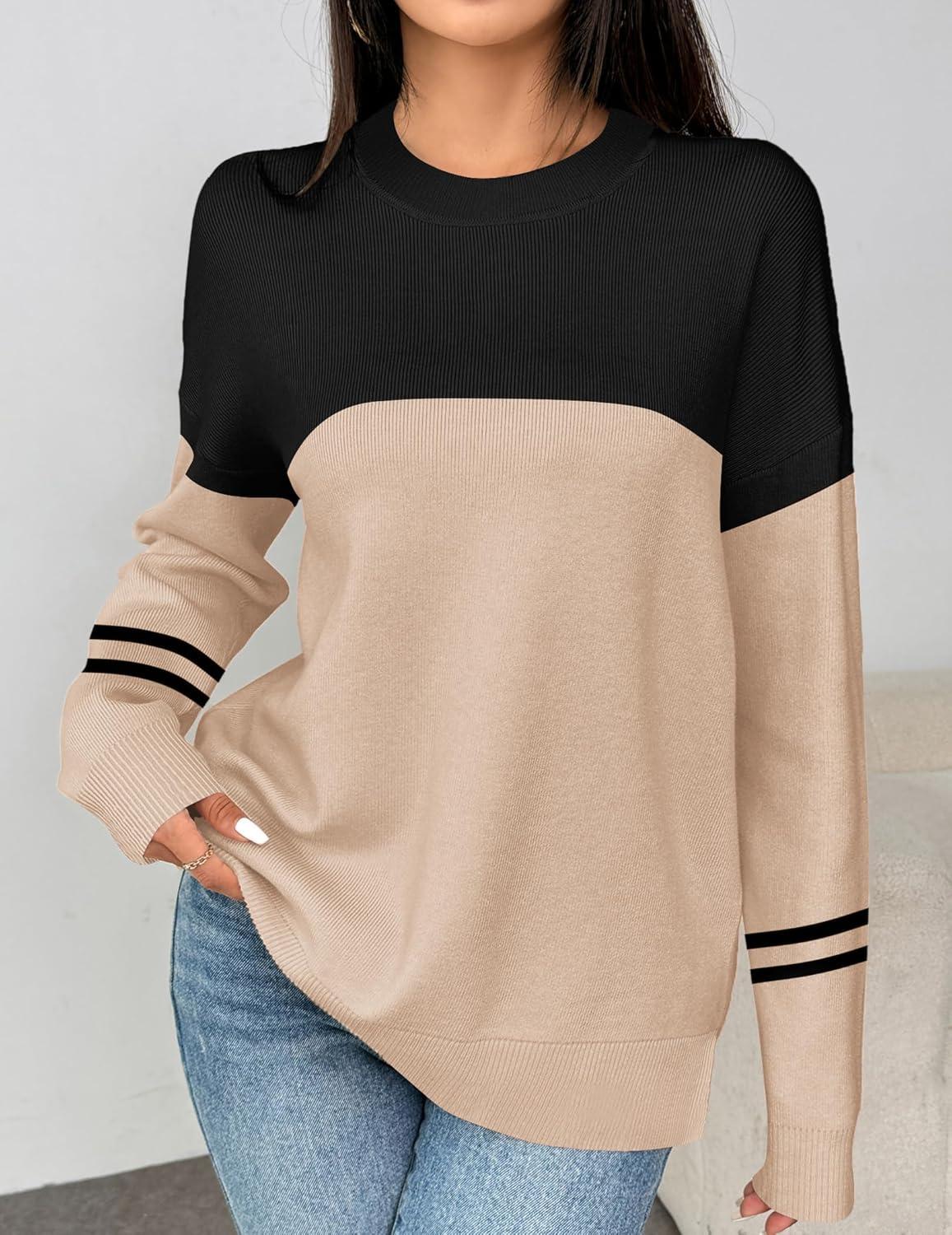 imageZeagoo Womens Crewneck Pullover Sweater Long Sleeve Knit Side Slit 2025 Fall Winter Sweater TopsApricot Black Stripe