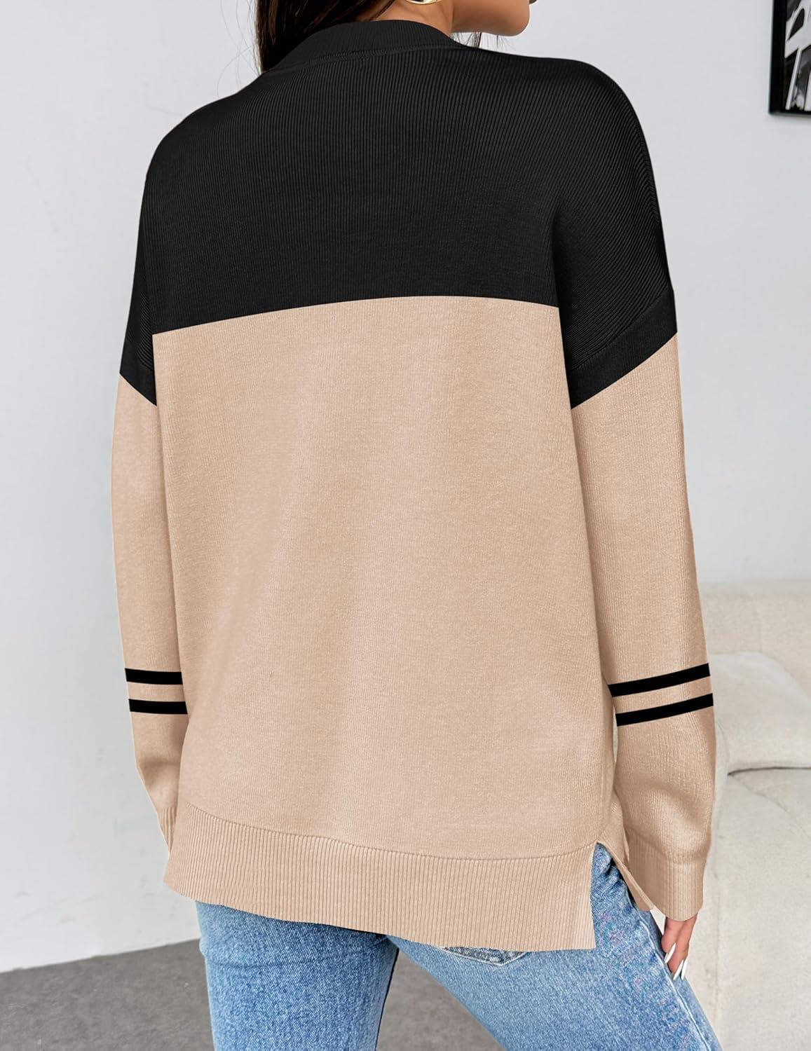 imageZeagoo Womens Crewneck Pullover Sweater Long Sleeve Knit Side Slit 2025 Fall Winter Sweater TopsApricot Black Stripe